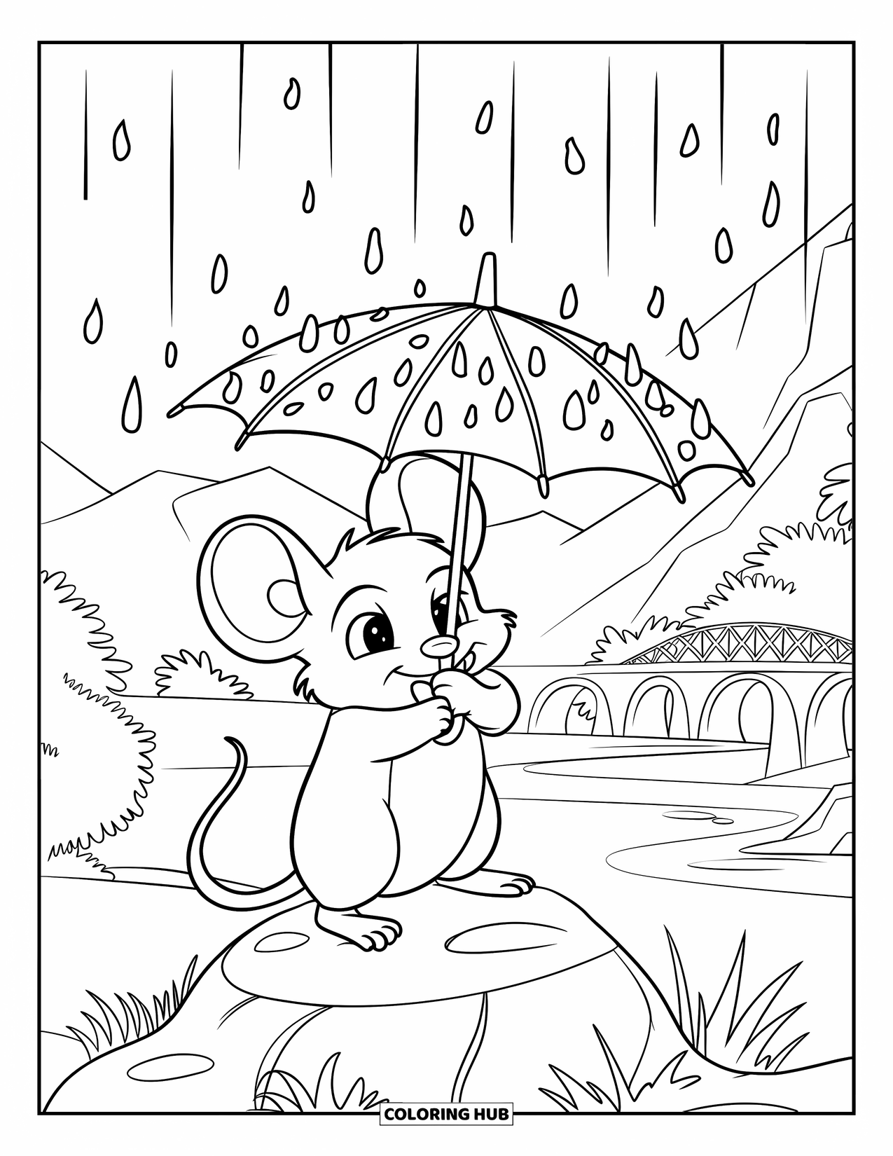 Mouse Coloring Page for Kids: A mouse stands on a rock holding a leaf umbrella in the rain