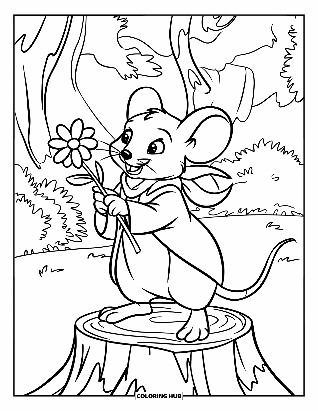 Mouse Coloring Page for Kids: A mouse stands on a tree stump, holding a flower in the woods