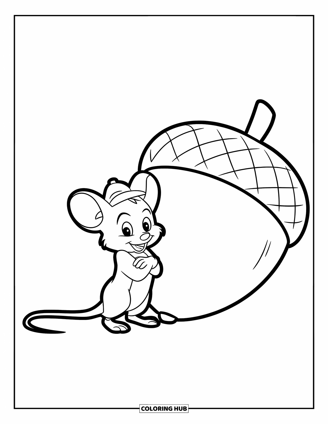 Mouse Coloring Page for Kids: A mouse with a grin stands next to a giant acorn on a blank background