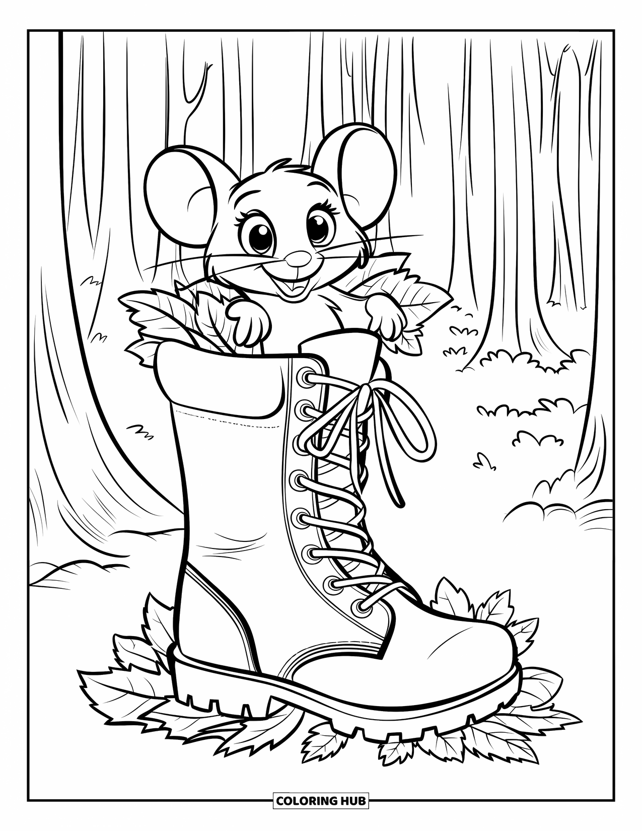 Mouse Coloring Page for Kids: A mouse with big eyes peeks from a leafy boot in the forest