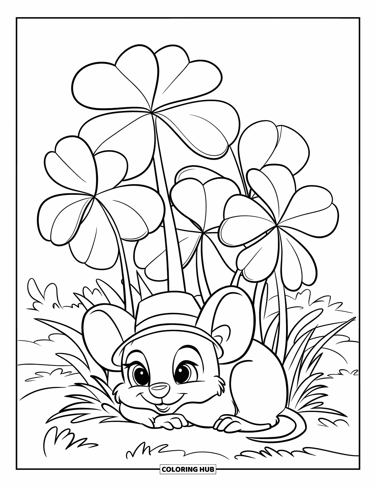 Mouse Coloring Page for Kids: A relaxed mouse in a hat naps under large clovers in the field