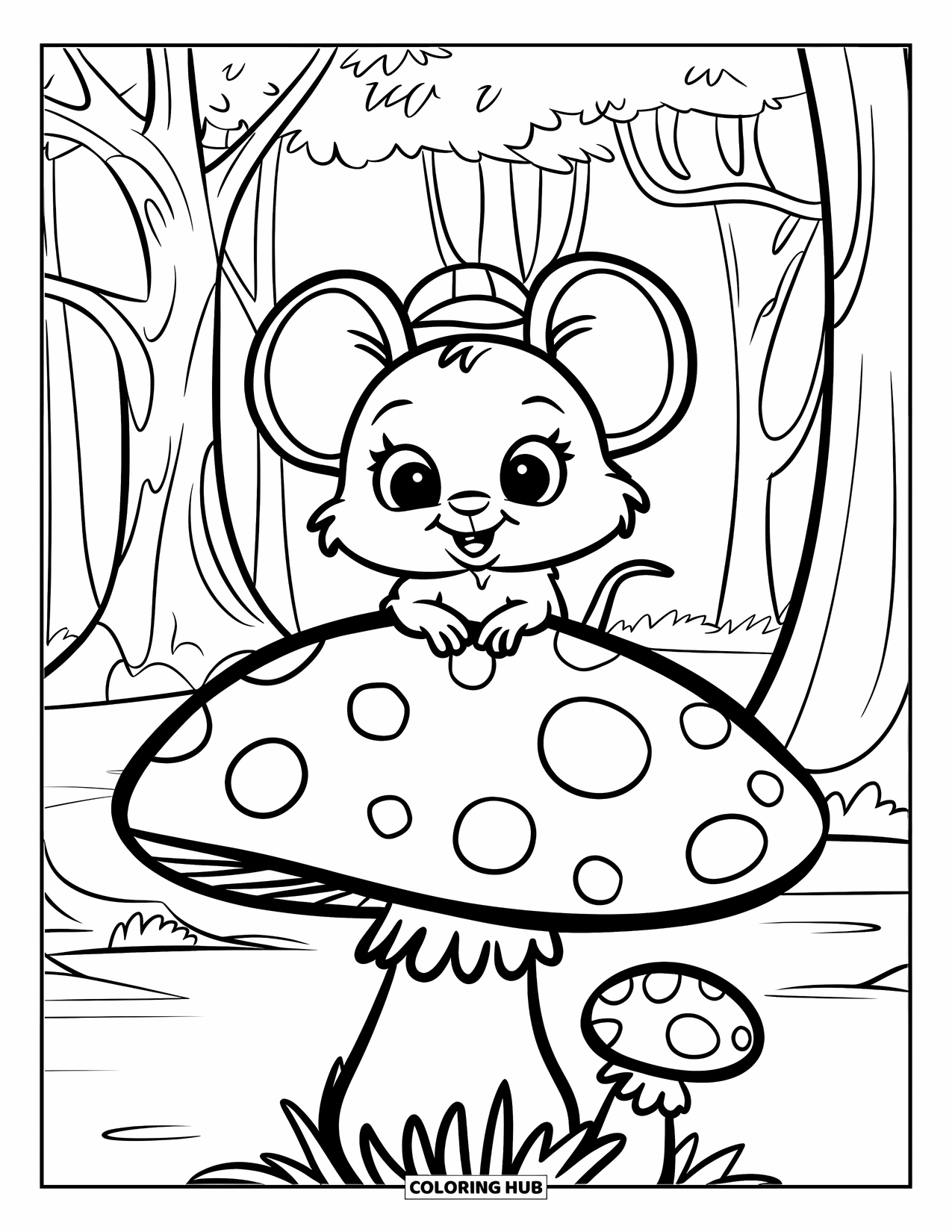 Mouse Coloring Page for Kids: A round-faced mouse with a hat sits happily on a forest mushroom