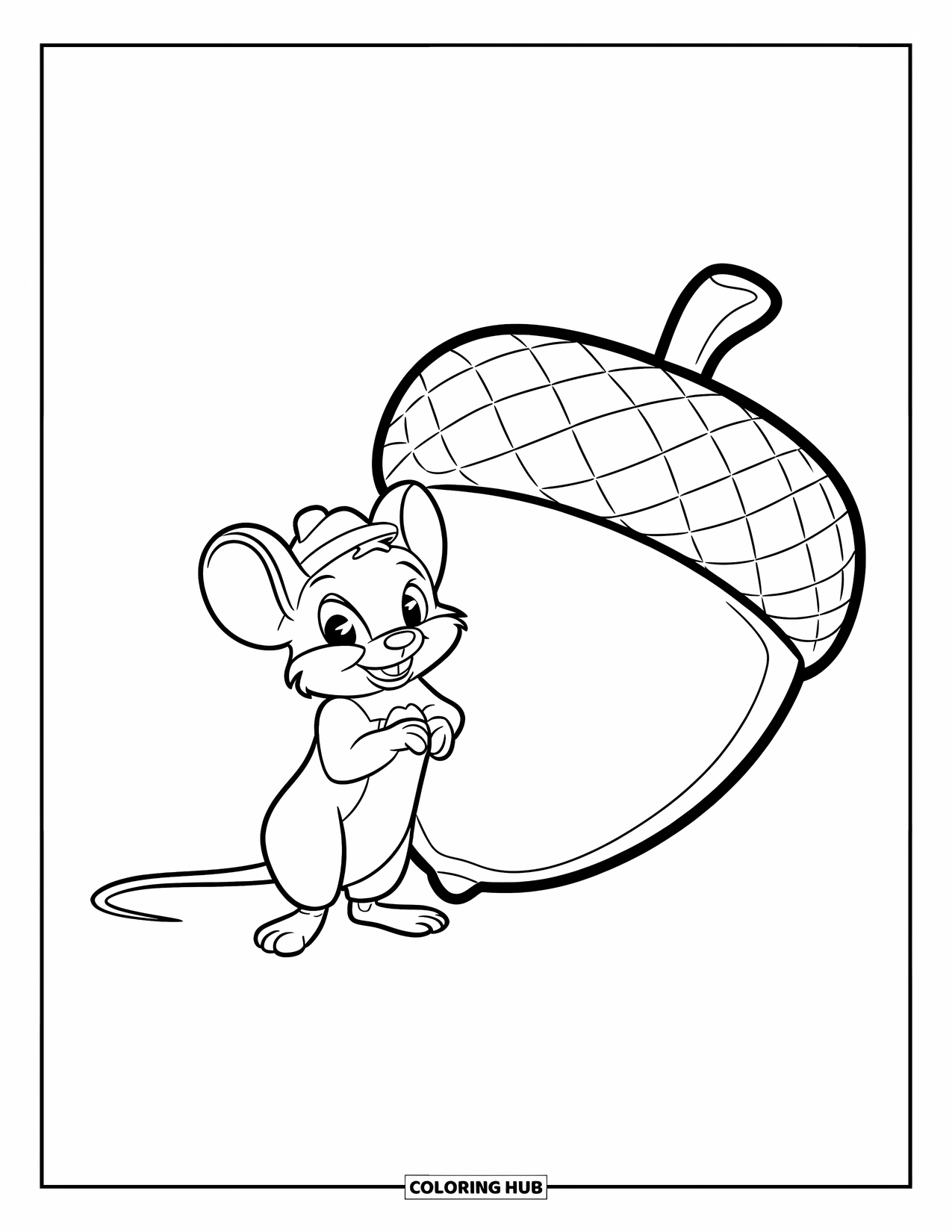 Mouse Coloring Page for Kids: A smiling mouse in a hat stands beside a huge acorn