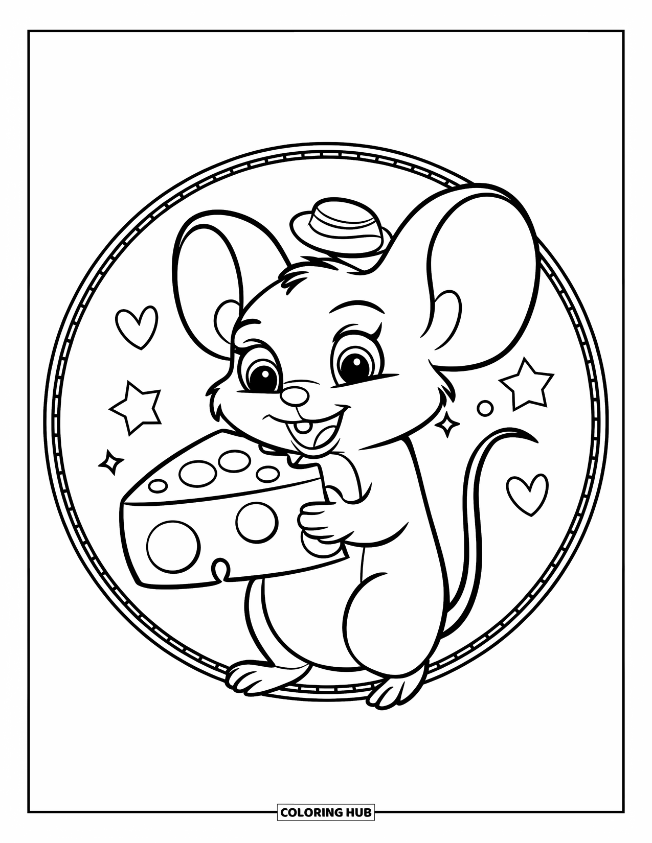 Mouse Coloring Page for Kids: A tiny mouse holds a big cheese with hearts and stars floating nearby