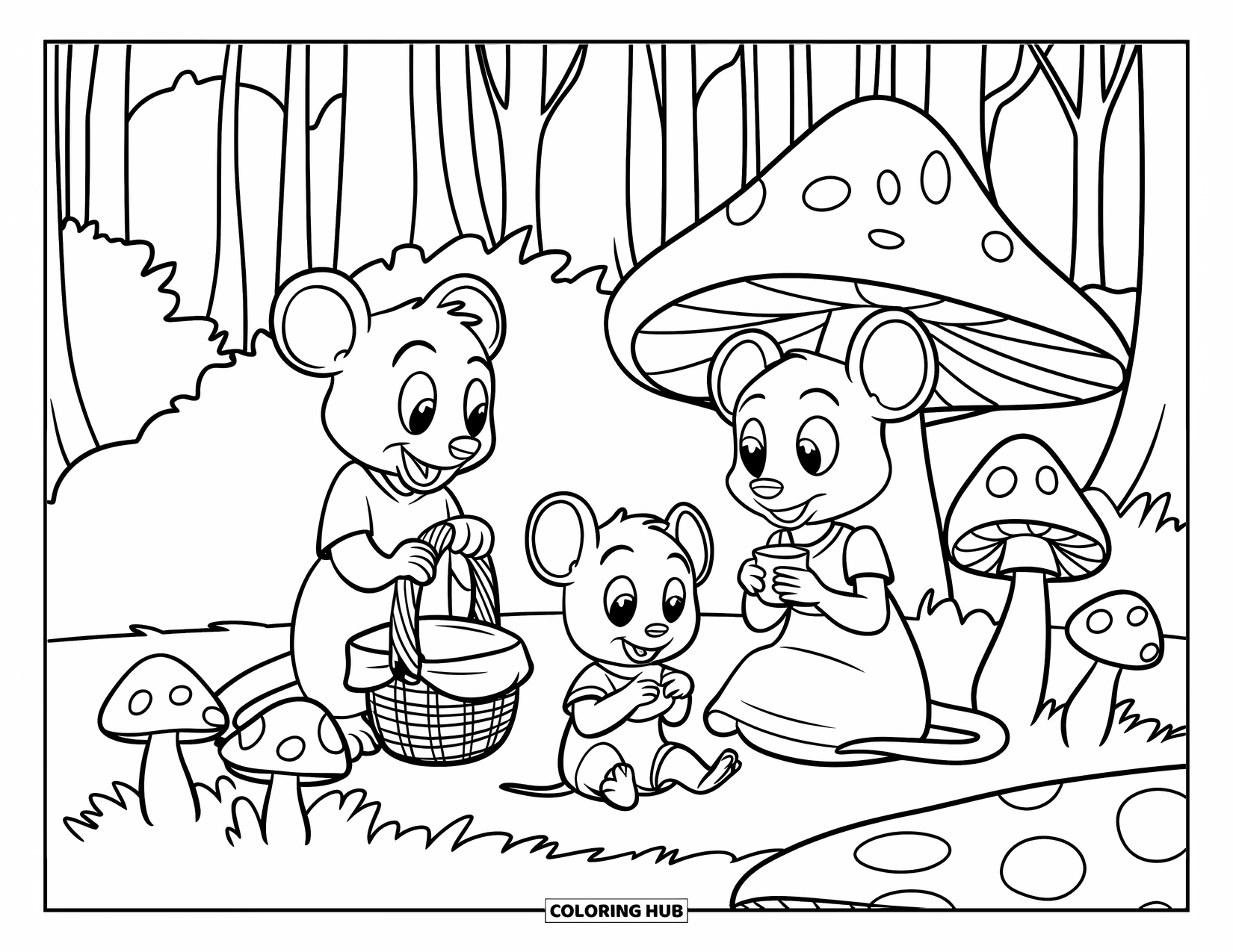 Mouse Coloring Page for Kids: Three mice have a forest picnic near mushrooms and tall trees
