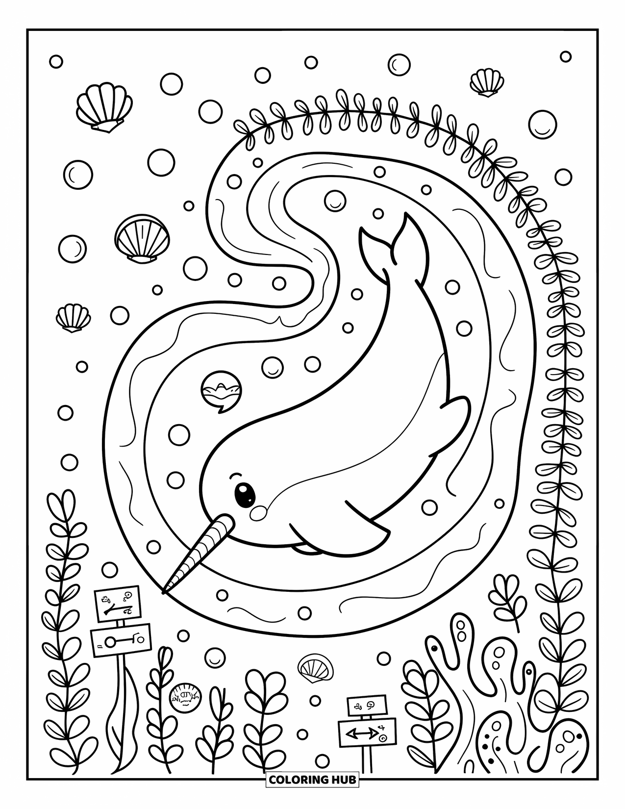 Narwhal Coloring Page for Adults: A joyful narwhal glides through a ribbon-like current with bubbles and floating seashells
