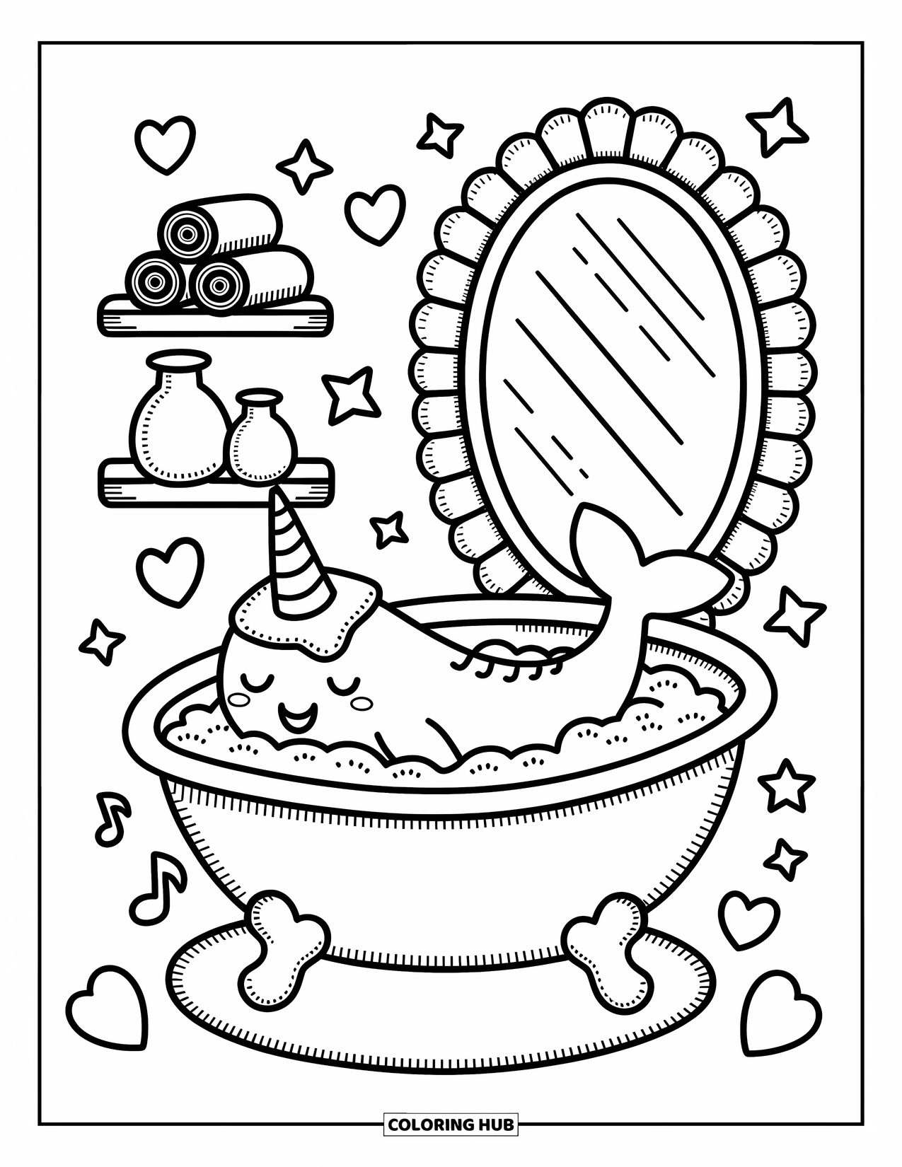 Narwhal Coloring Page for Adults: A narwhal enjoys a bubbly soak in a shell tub with seashell bottles and floating notes