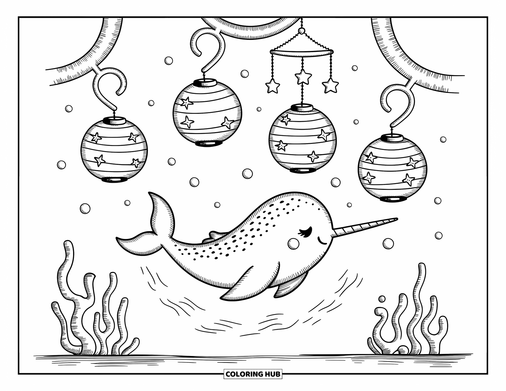 Narwhal Coloring Page for Adults: A narwhal floats calmly among glowing lanterns and a mobile of stars and waves