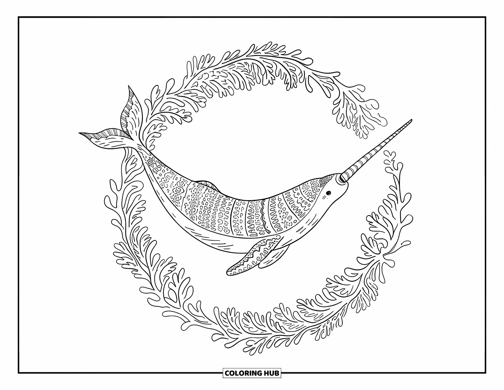 Narwhal Coloring Page for Adults: A narwhal glides through a circle of leafy coral with a long, curved tusk