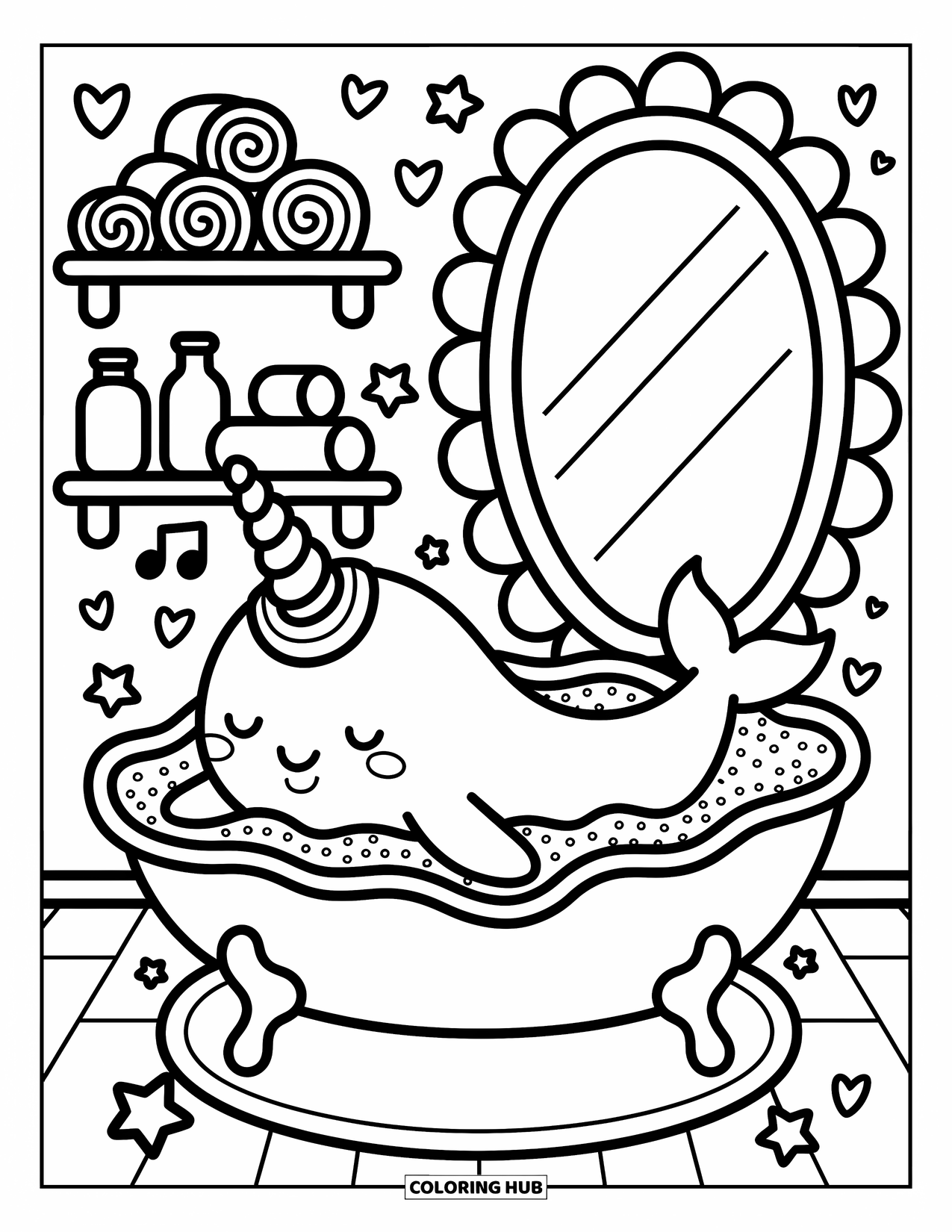 Narwhal Coloring Page for Adults: A narwhal lies in a bubble bath with hearts, stars, and a tiny towel on its head