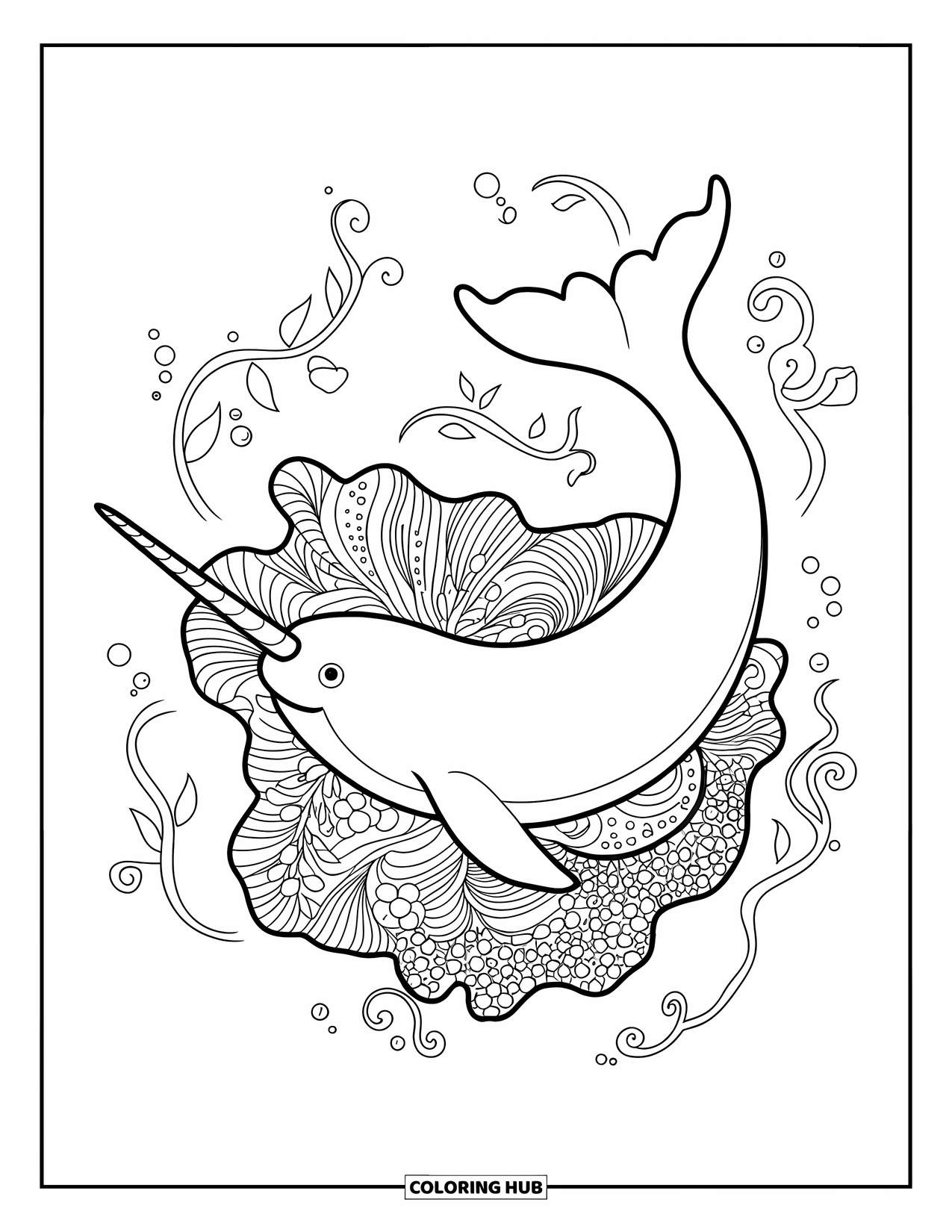 Narwhal Coloring Page for Adults: A narwhal lies on a floral reef filled with curling vines and bold outlines