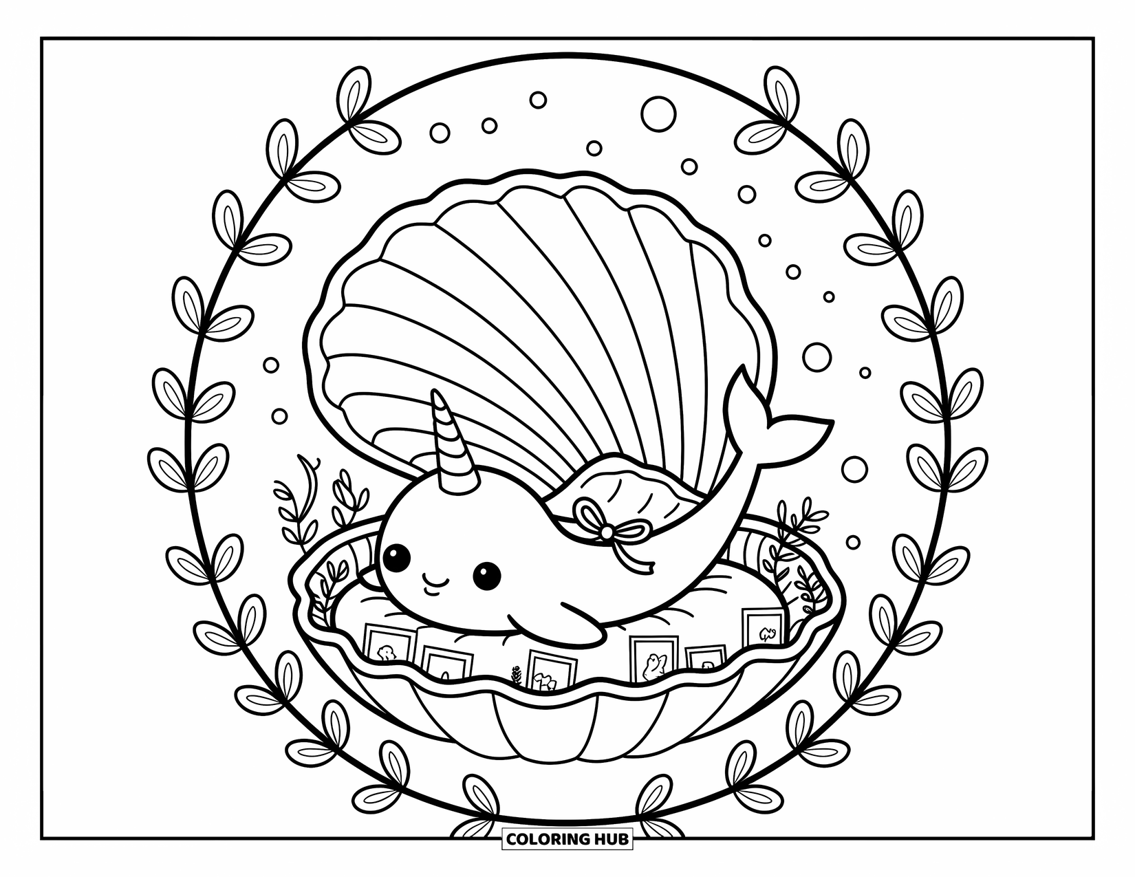 Narwhal Coloring Page for Adults: A narwhal naps in a giant clamshell bed with banners, pillows, and curling sea vines