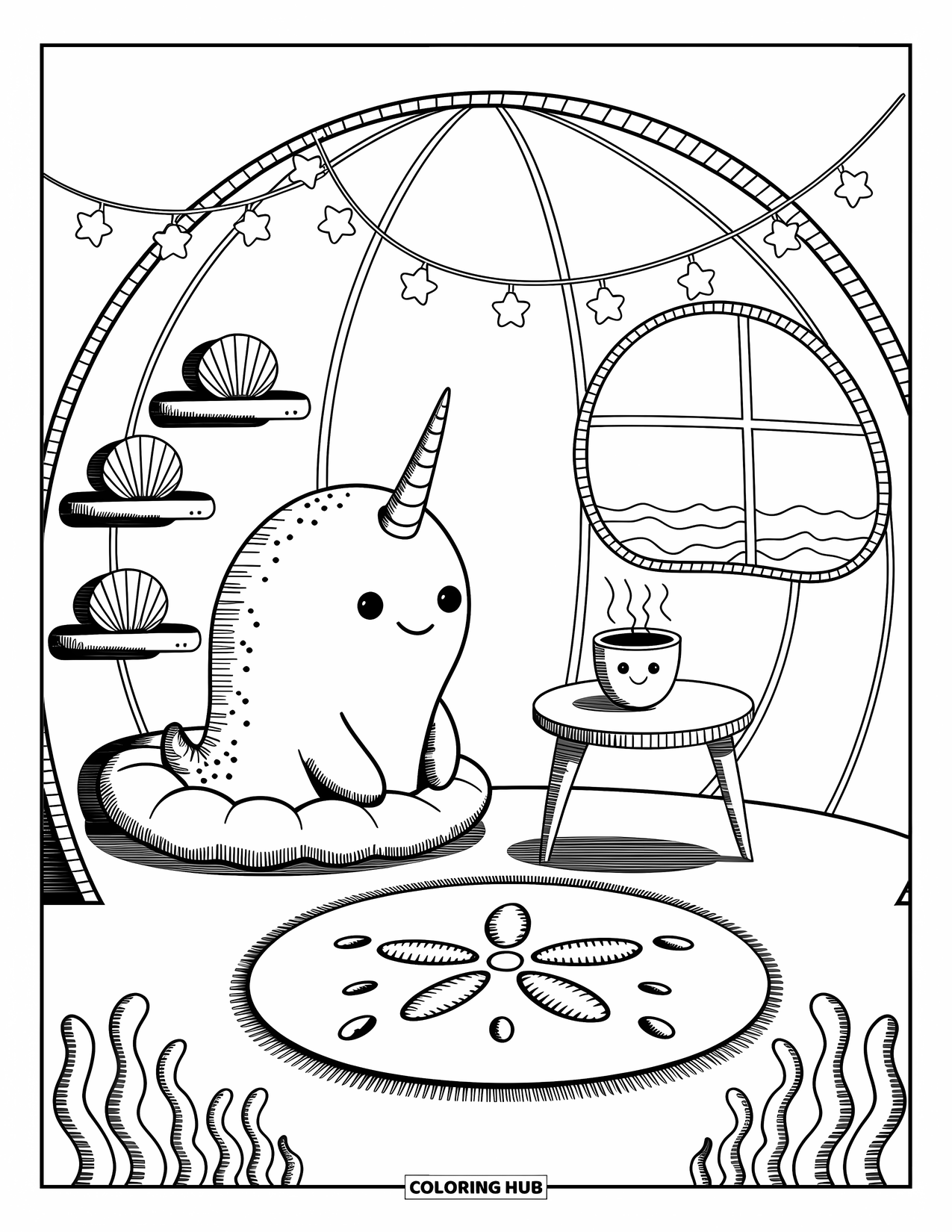 Narwhal Coloring Page for Adults: A narwhal relaxes in its kelp house with tea, seashell shelves, and star lights