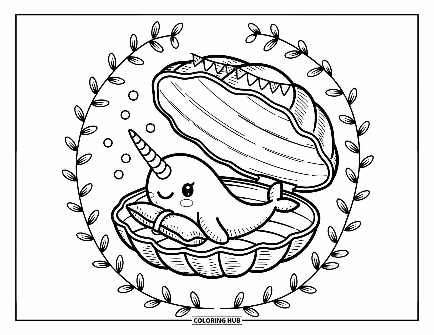 Narwhal Coloring Page for Adults: A narwhal relaxes on a pillow in a clamshell framed by vines and underwater décor