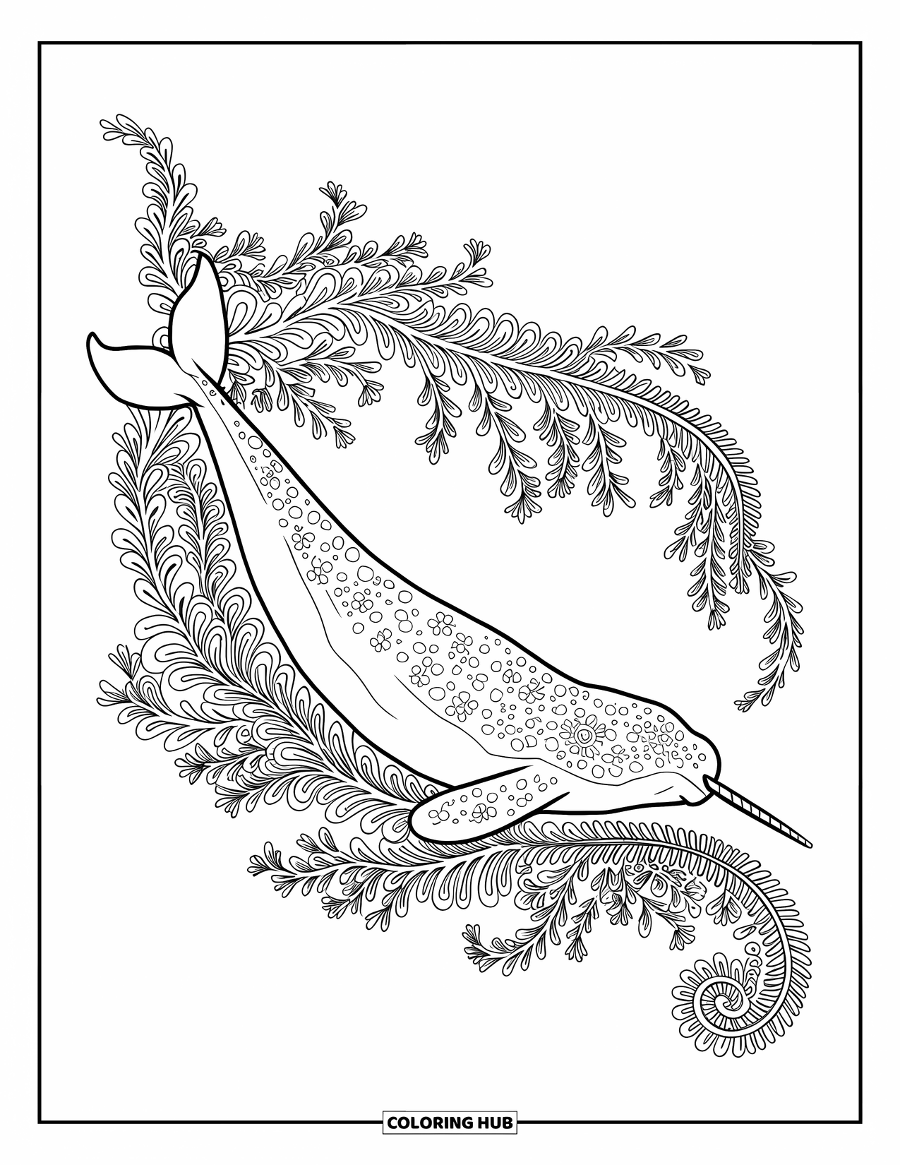 Narwhal Coloring Page for Adults: A narwhal rests peacefully on a reef made of flowers and swirling sea vines