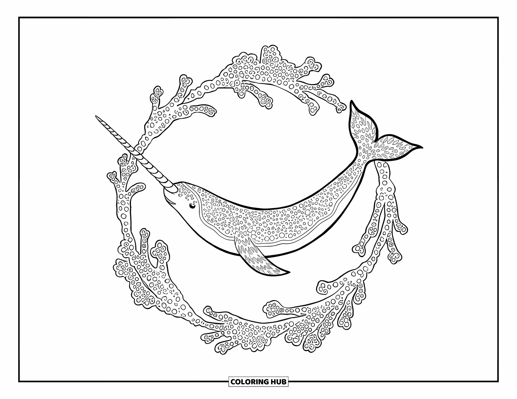 Narwhal Coloring Page for Adults: A narwhal swims through a ring of intricate coral filled with tiny round shapes