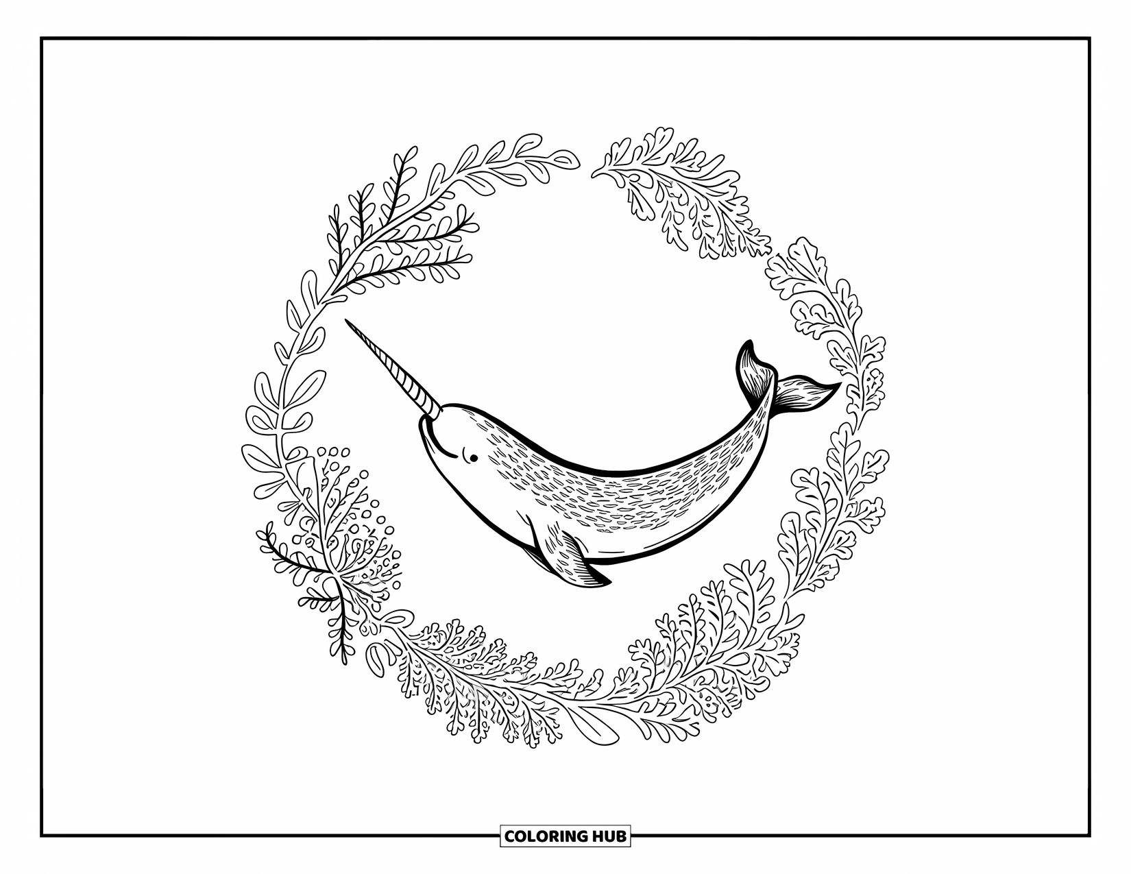 Narwhal Coloring Page for Adults: A peaceful narwhal swims through a detailed ring of coral, leaves, and flowers