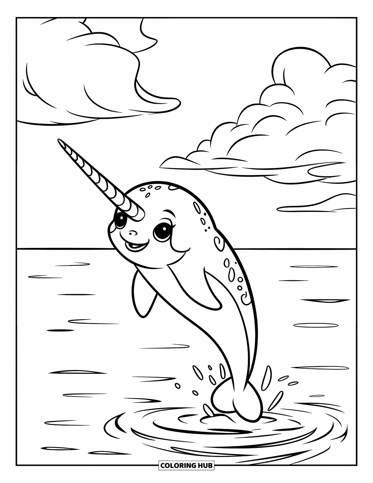 Narwhal Coloring Page for Kids: A baby narwhal jumps happily from the sea under big, fluffy clouds
