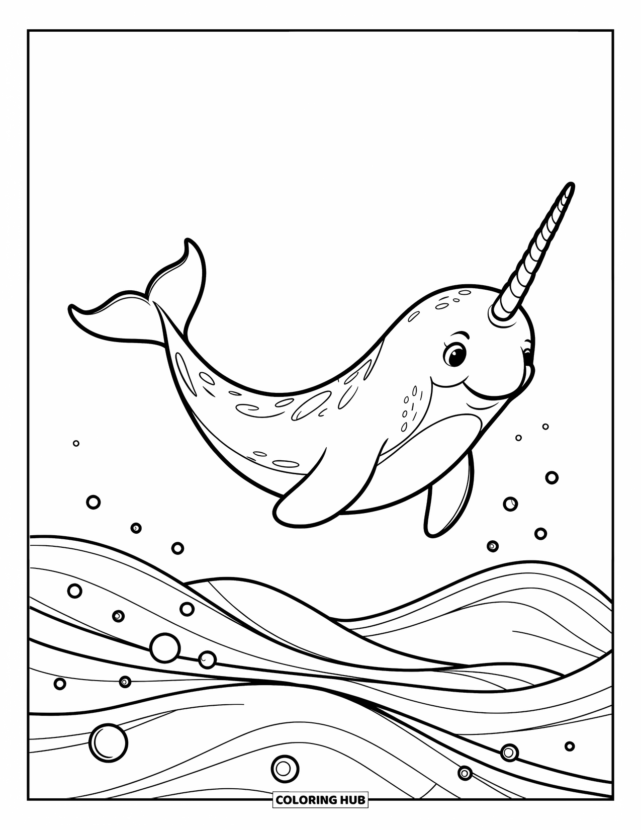 Narwhal Coloring Page for Kids: A big narwhal floats gently above the waves with bubbles all around