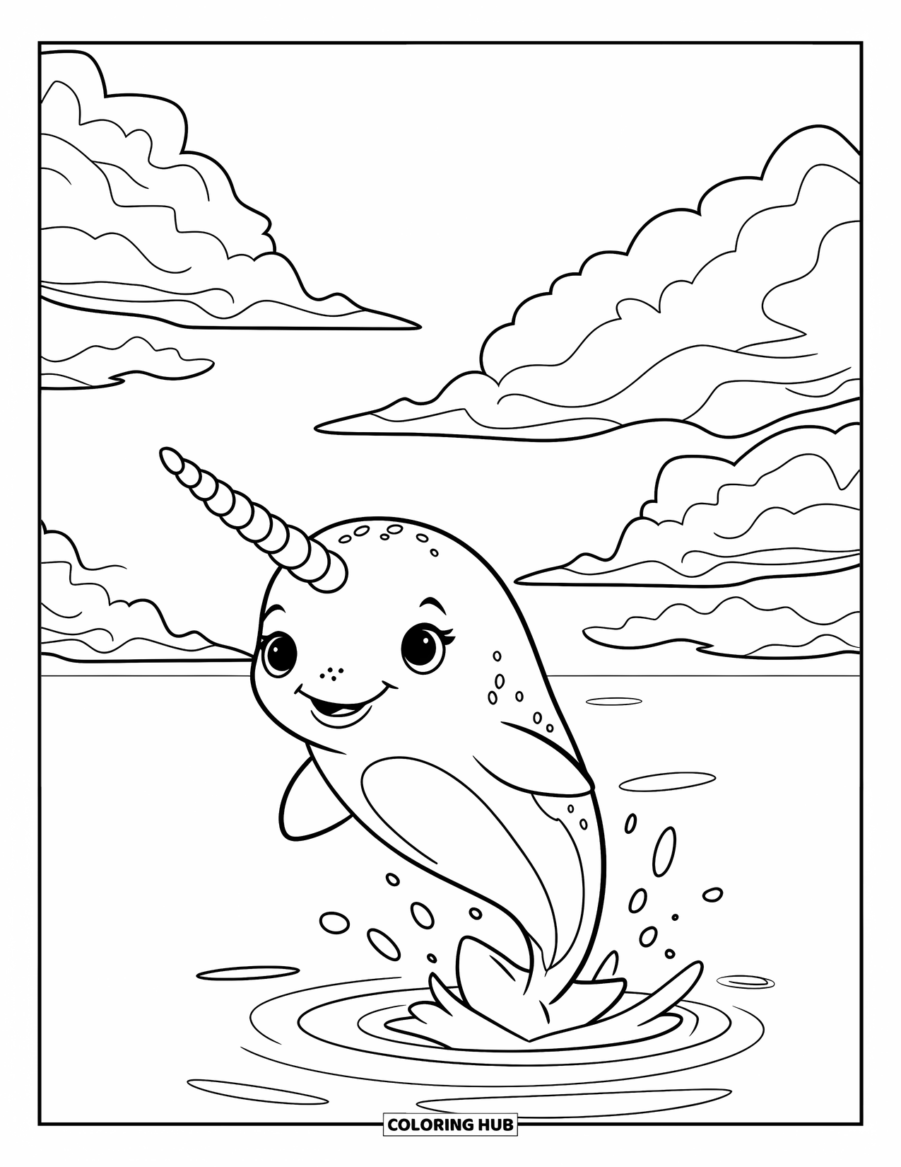 Narwhal Coloring Page for Kids: A cheerful baby narwhal leaps from the ocean beneath big clouds and blue sky