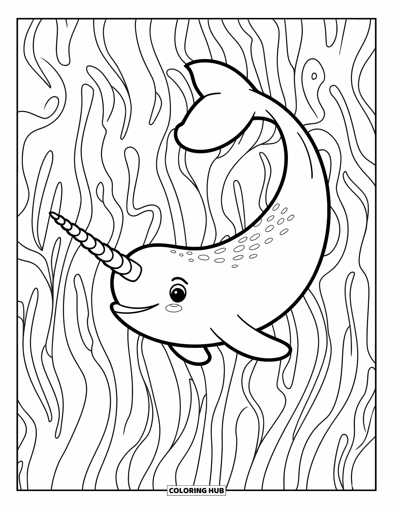 Narwhal Coloring Page for Kids: A narwhal balances a seashell while gliding through swaying seaweed
