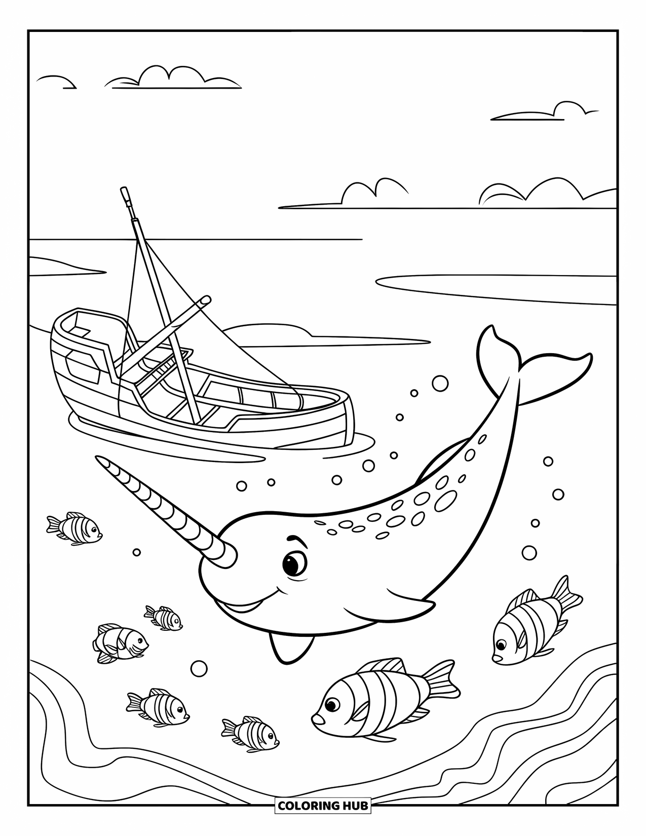Narwhal Coloring Page for Kids: A narwhal explores a sunken ship with striped fish swimming under a clear sky