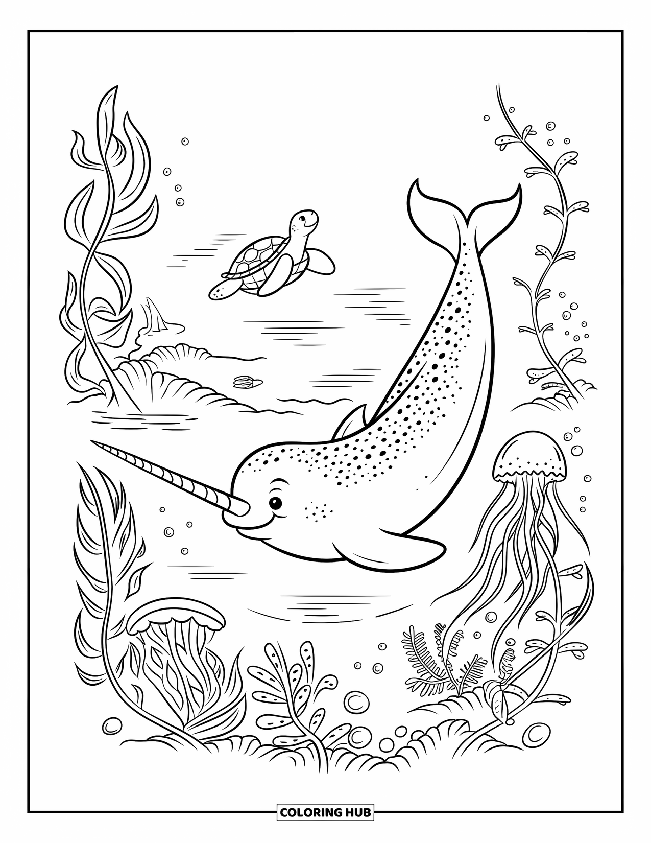 Narwhal Coloring Page for Kids: A narwhal explores an underwater world with plants, a turtle, and a jellyfish nearby