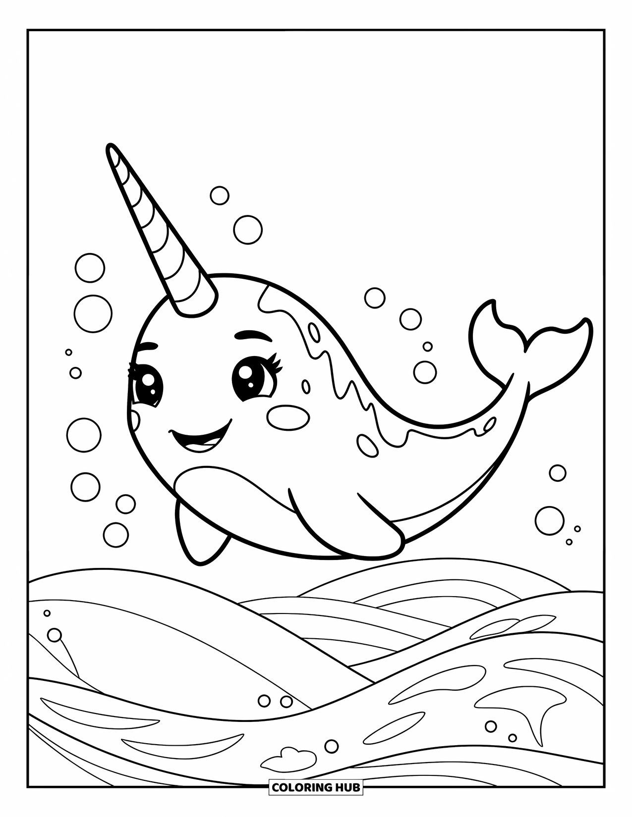 Narwhal Coloring Page for Kids: A narwhal floats above the ocean with gentle waves and tiny bubbles rising up