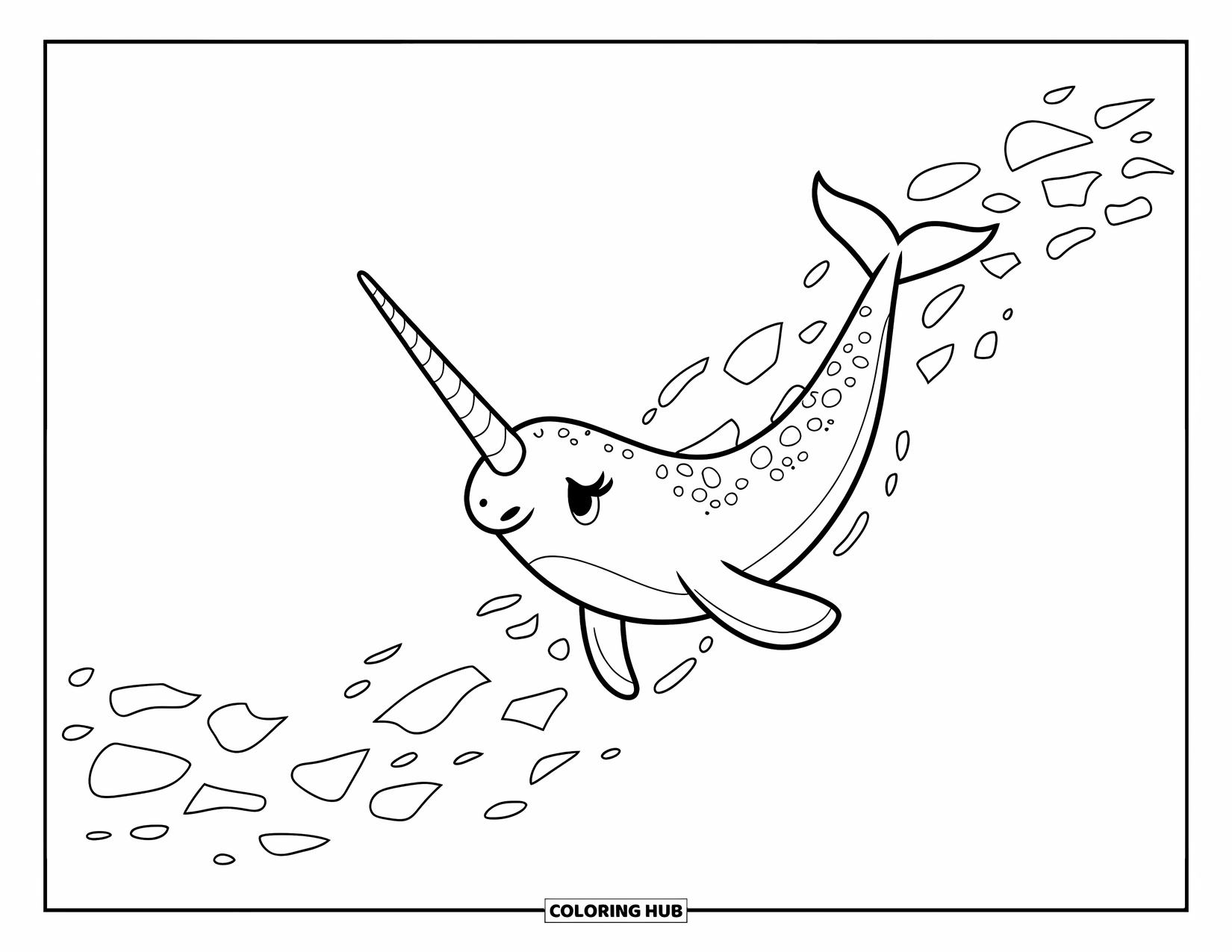 Narwhal Coloring Page for Kids: A narwhal floats through a glowing underwater path lit by dreamy bioluminescent shapes