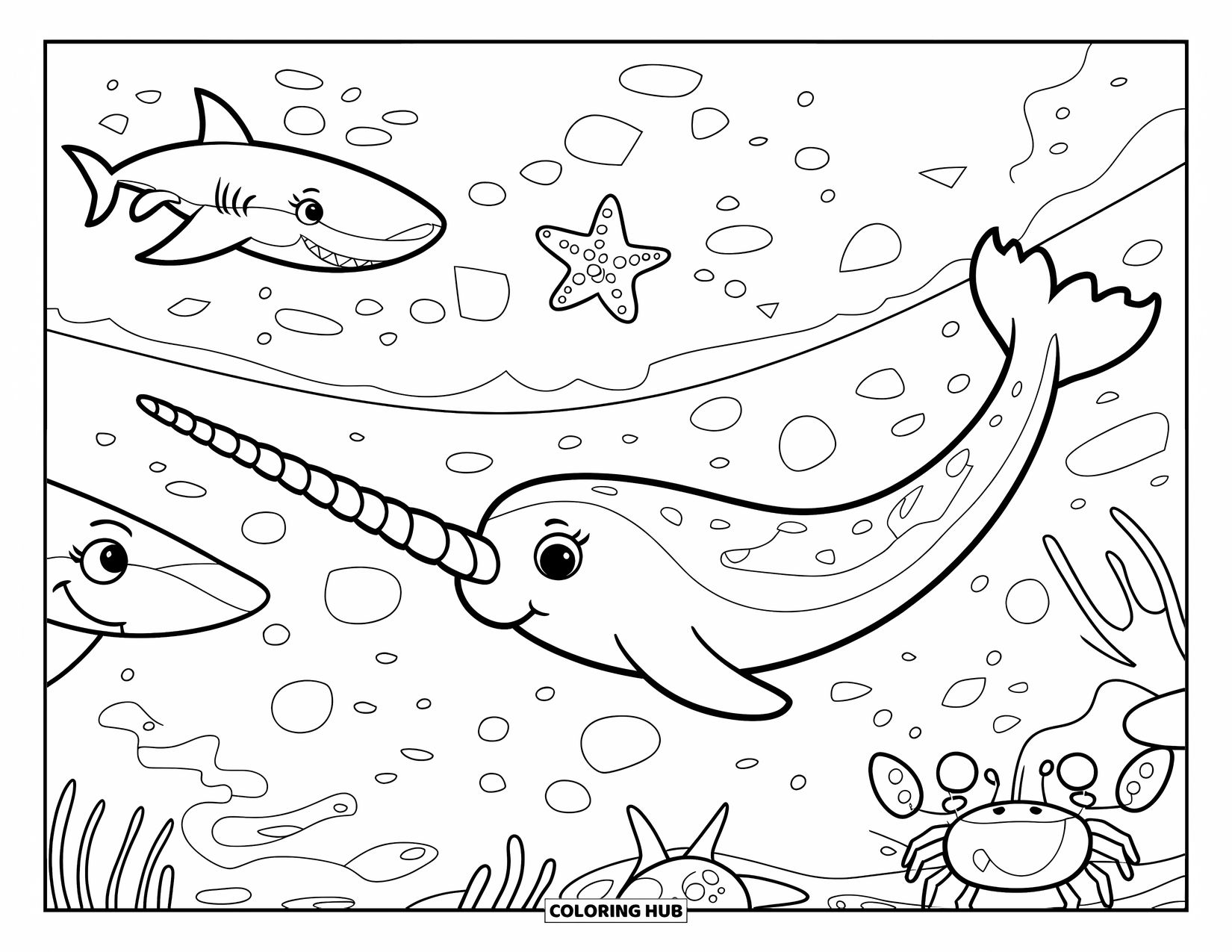 Narwhal Coloring Page for Kids: A narwhal glides past glowing sea creatures along a magical underwater path
