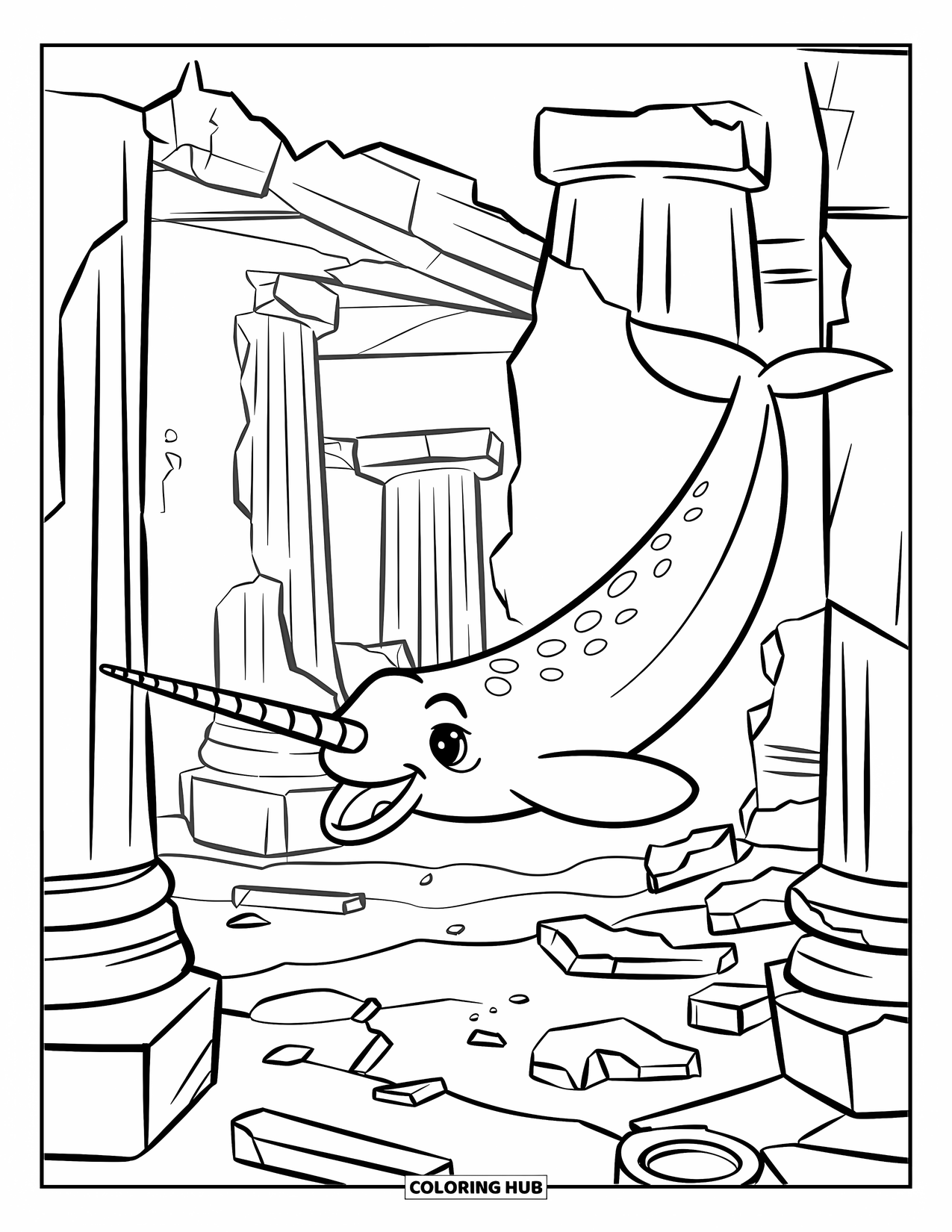 Narwhal Coloring Page for Kids: A narwhal glides through an open shipwreck door surrounded by ruins and sea debris