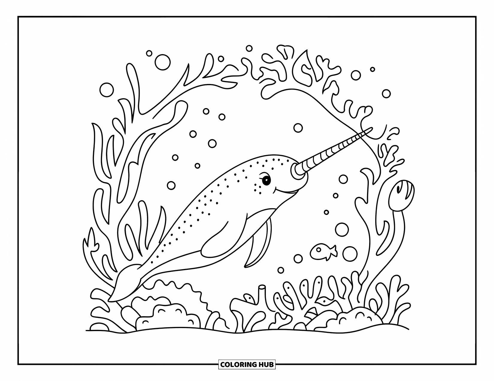 Narwhal Coloring Page for Kids: A narwhal peeks through an arch of coral and sea plants under the ocean