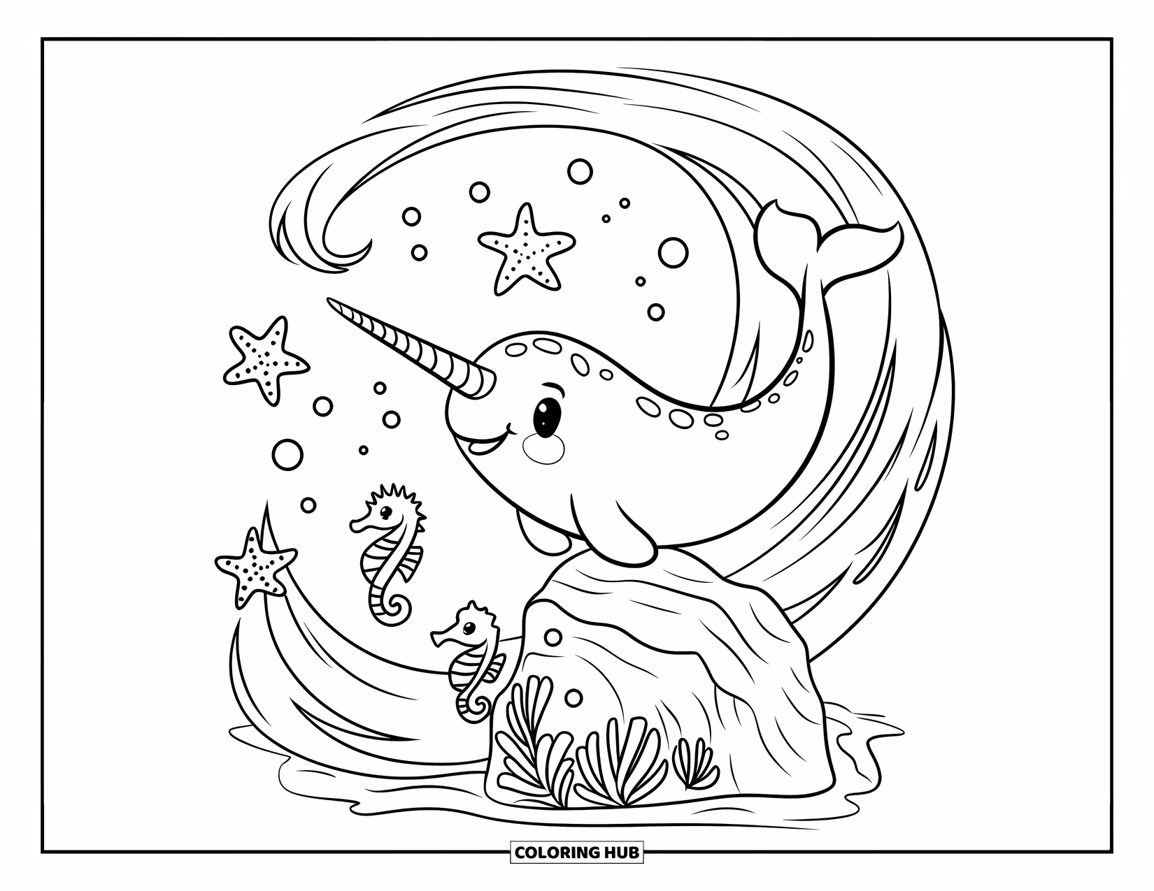 Narwhal Coloring Page for Kids: A narwhal rests on a rock surrounded by swirling currents and sea creatures