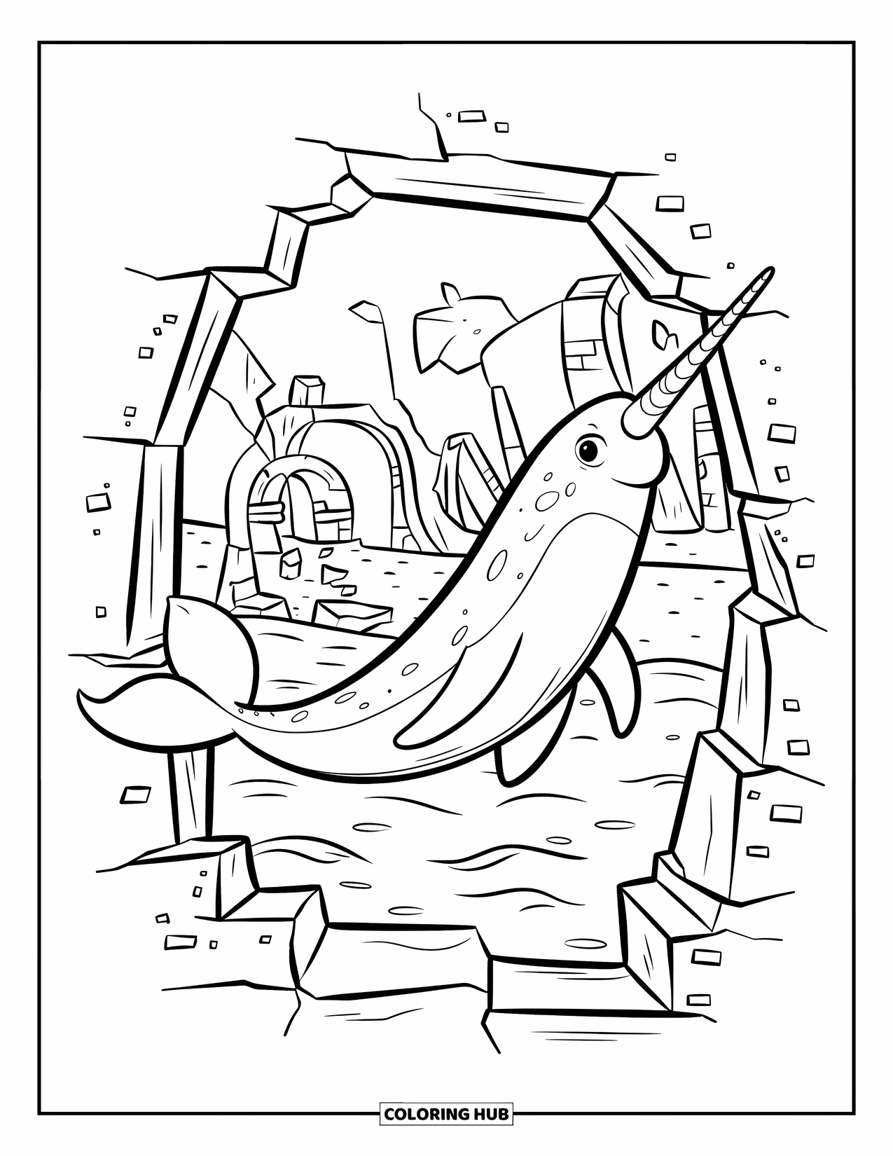 Narwhal Coloring Page for Kids: A narwhal swims past a shipwreck into mysterious ruins with broken structures