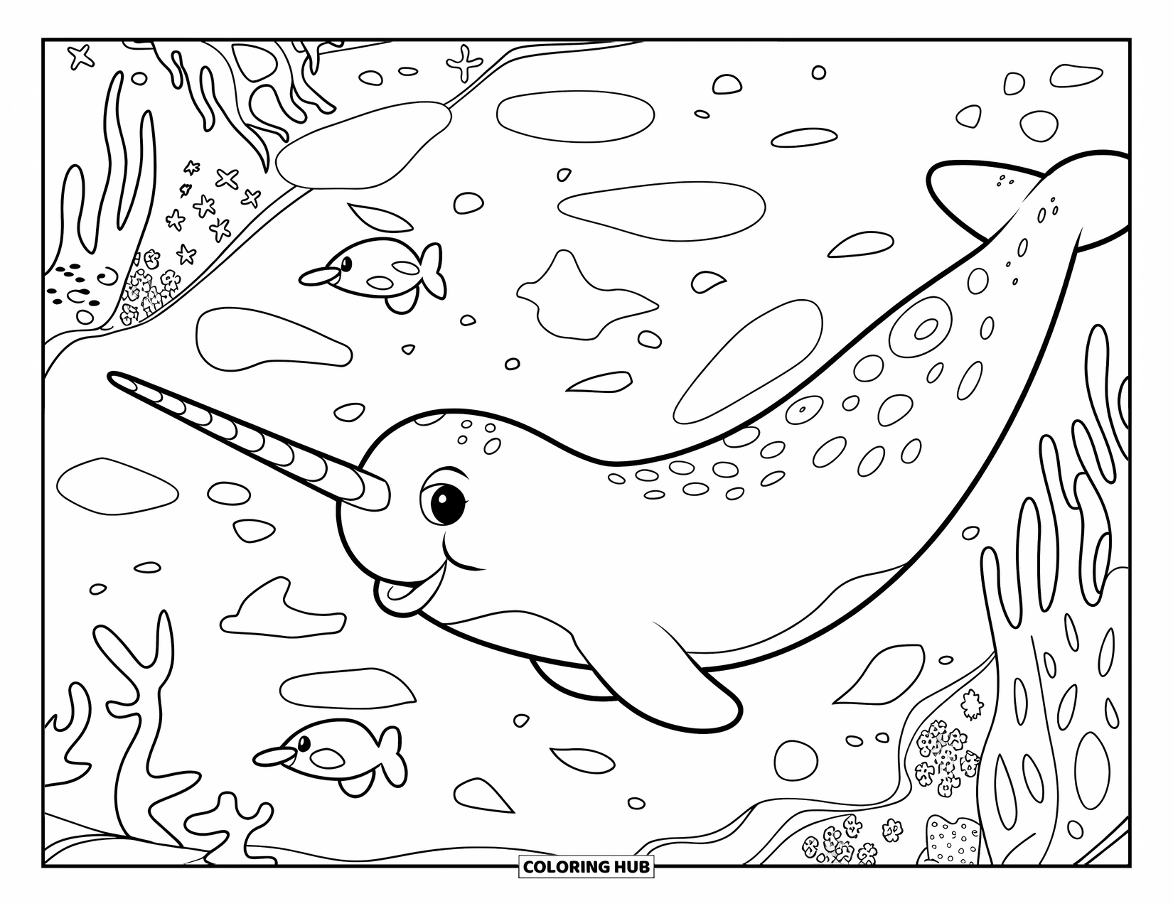 Narwhal Coloring Page for Kids: A narwhal swims through glowing waters filled with sea creatures and coral plants