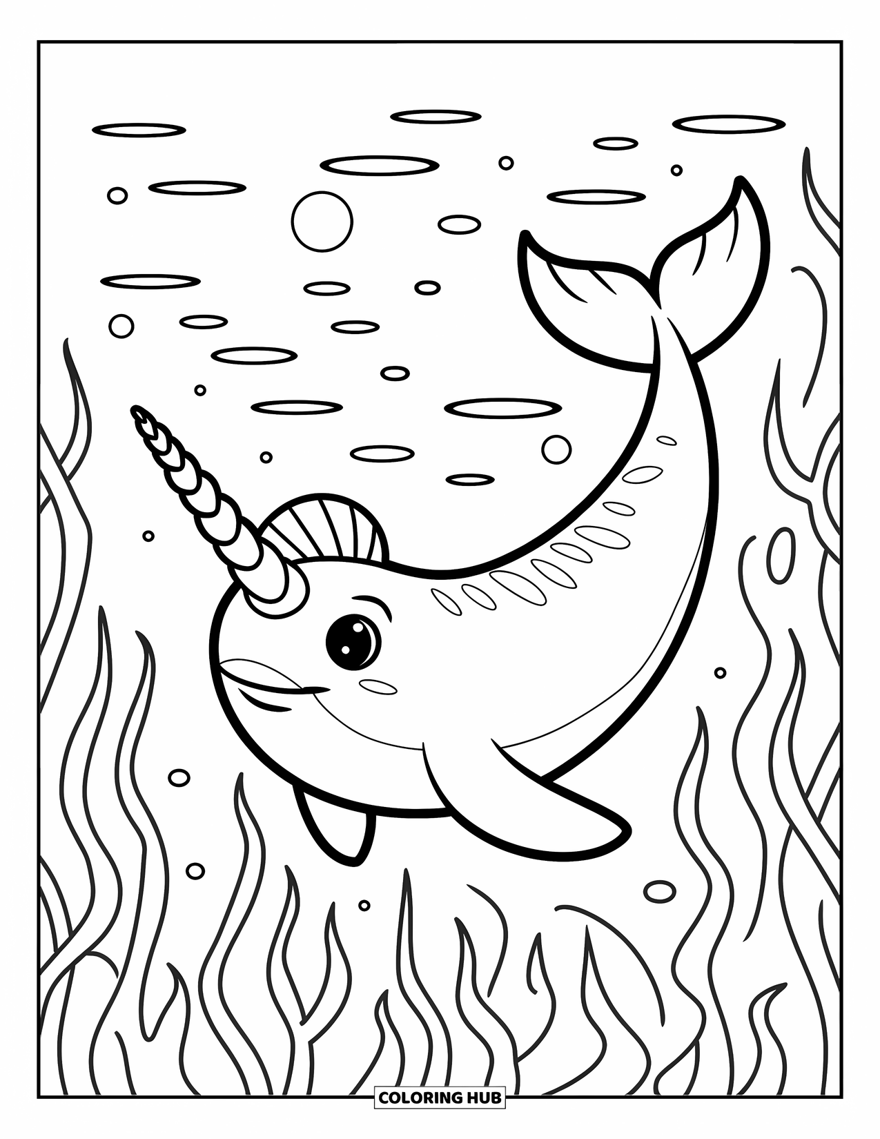 Narwhal Coloring Page for Kids: A narwhal swims through seaweed while balancing a seashell on its nose