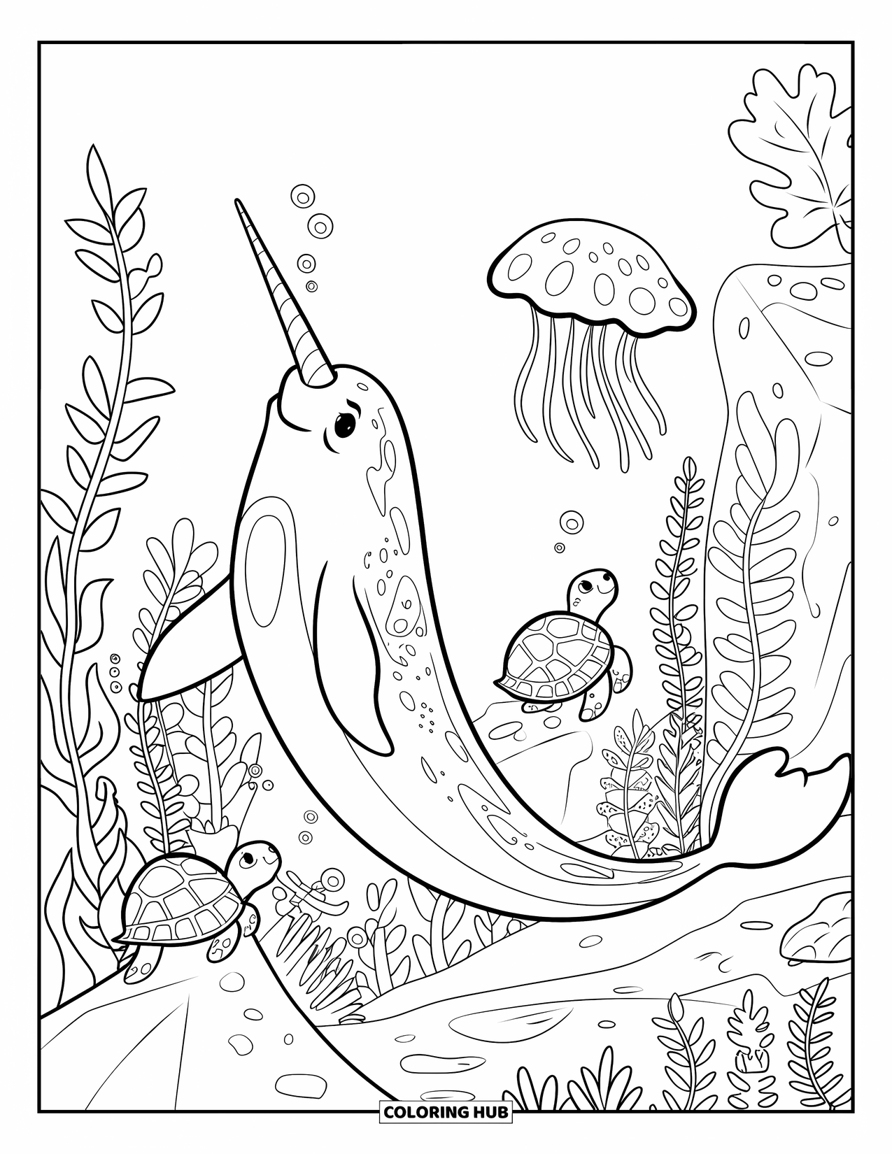 Narwhal Coloring Page for Kids: A narwhal swims upward through plants with a turtle on a rock and jellyfish nearby