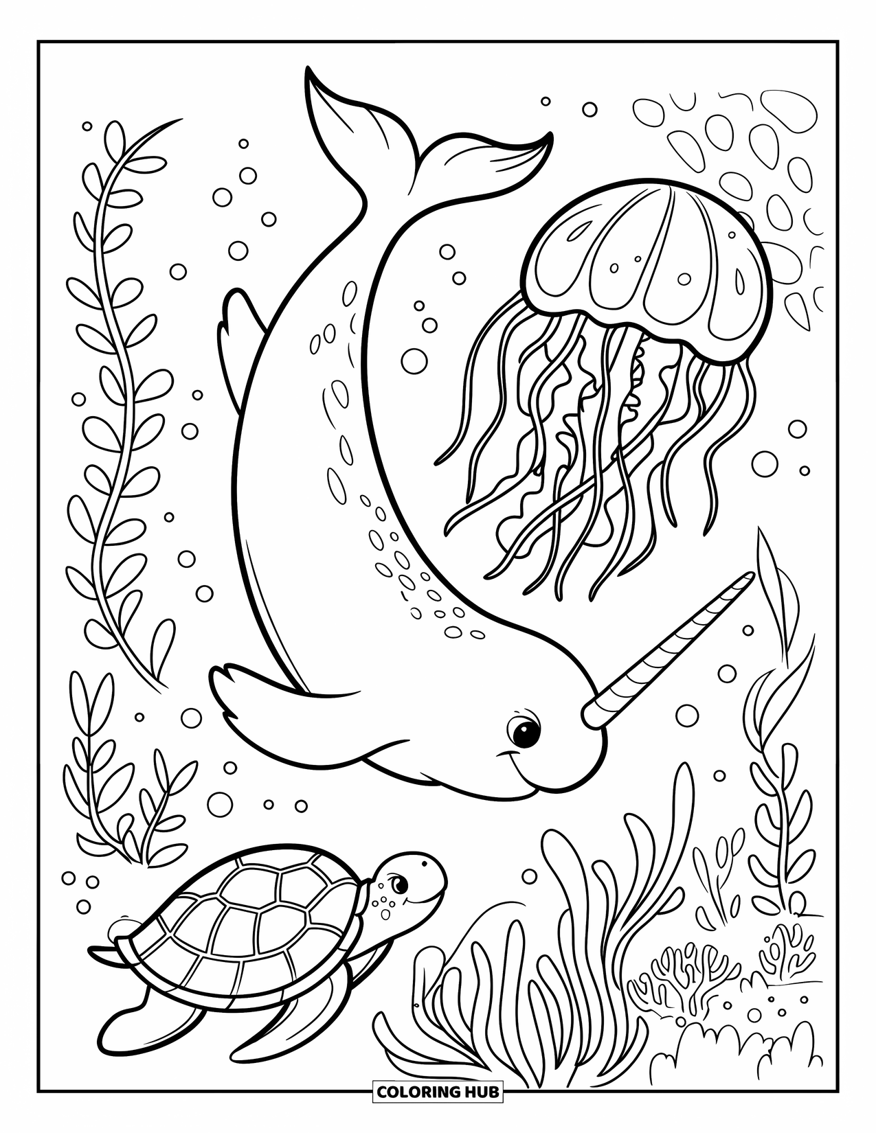 Narwhal Coloring Page for Kids: A narwhal swims with a turtle and jellyfish through a forest of sea plants