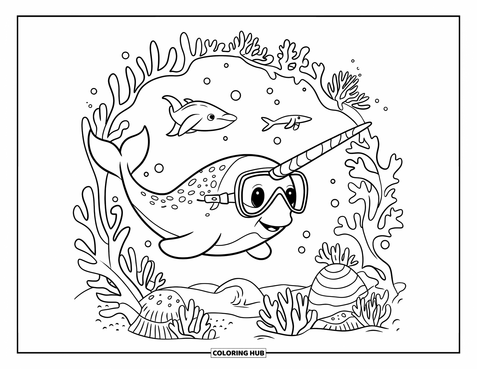 Narwhal Coloring Page for Kids: A narwhal with a diving mask explores a coral arch filled with curious sea animals
