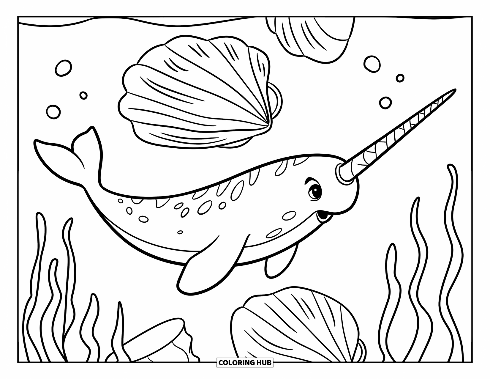 Narwhal Coloring Page for Kids: A narwhal with a spiral tusk swims past seashells and swaying seaweed under the sea