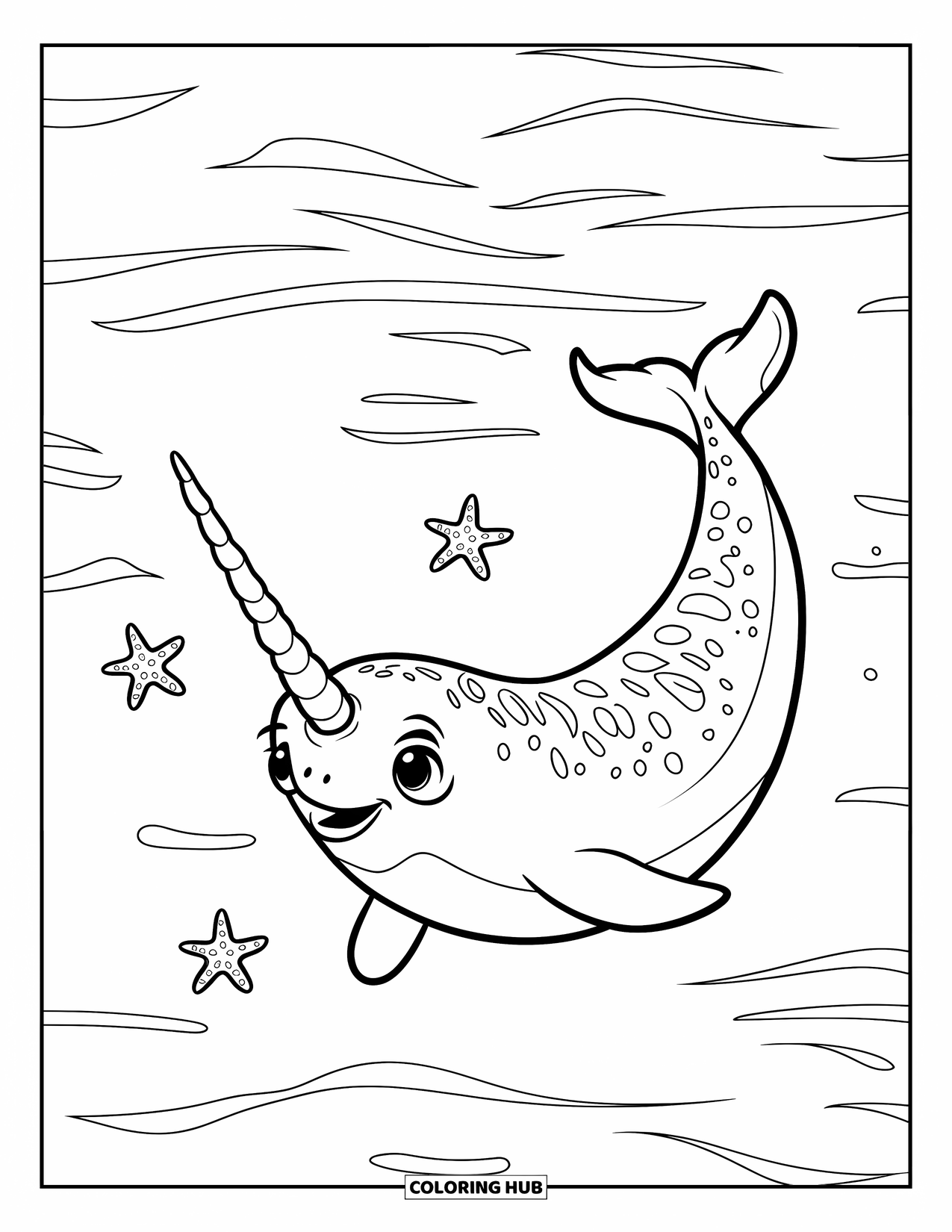 Narwhal Coloring Page for Kids: A narwhal with a tall horn swims through the ocean with starfish nearby