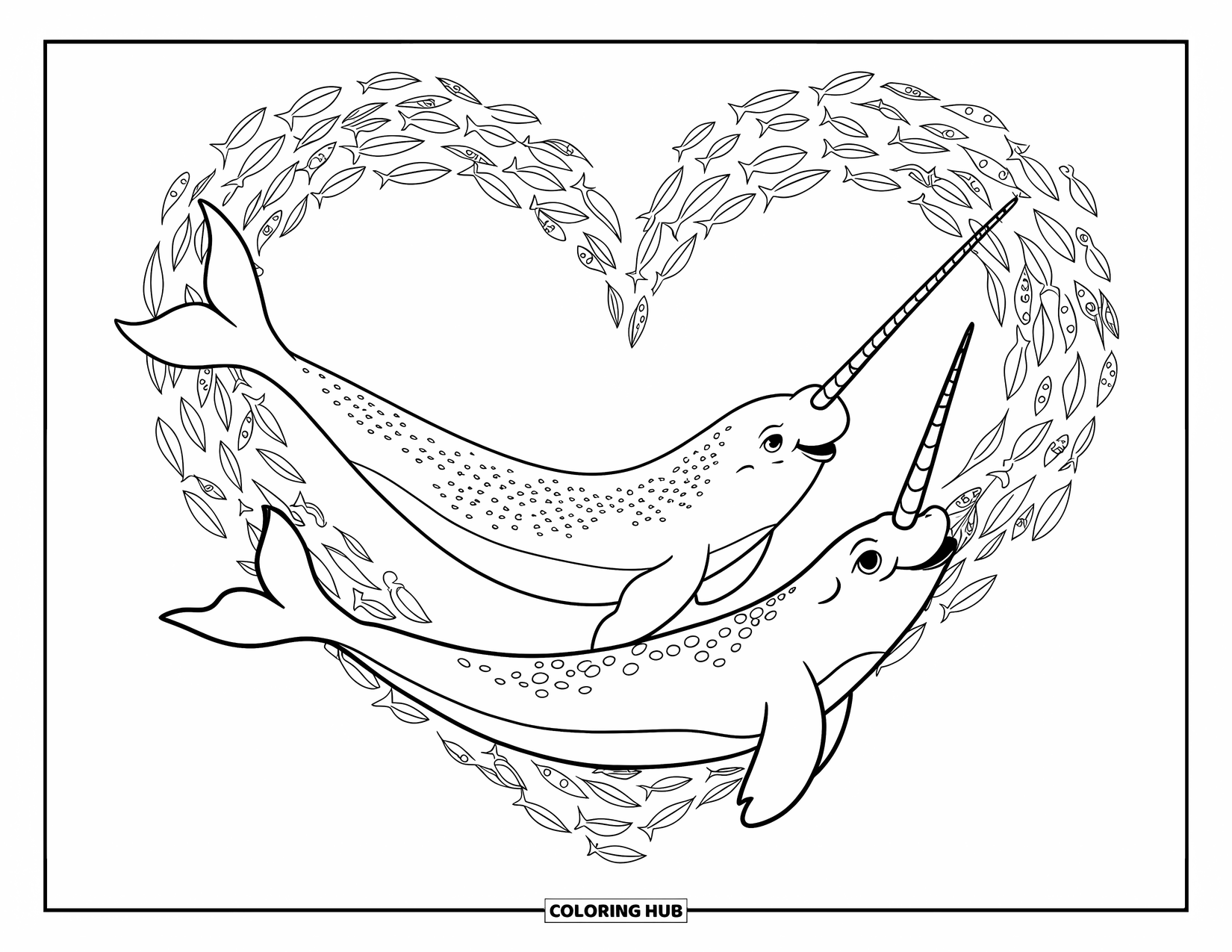 Narwhal Coloring Page for Kids: A pair of narwhals swim closely with fish forming a heart between them