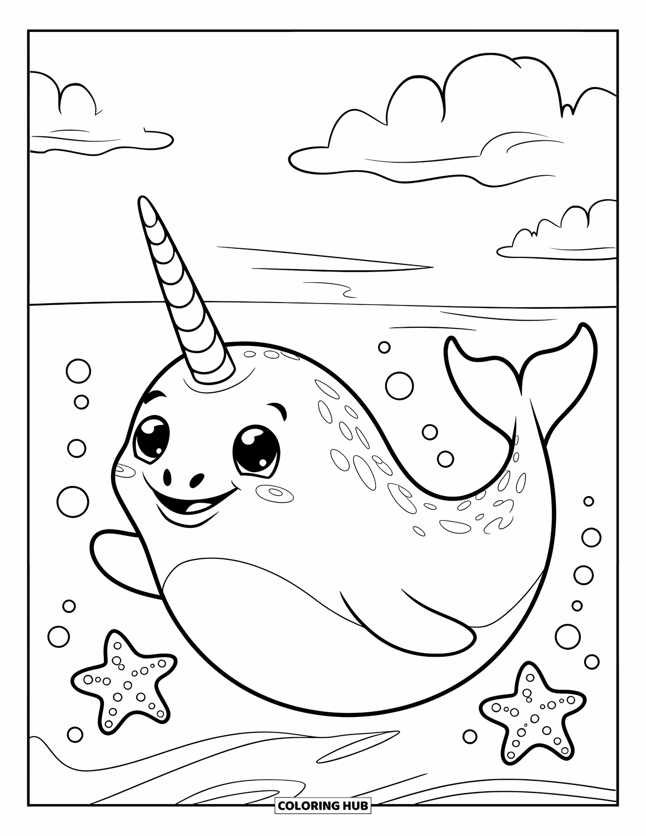 Narwhal Coloring Page for Kids: A playful narwhal swims with starfish under a bright sky with fluffy clouds