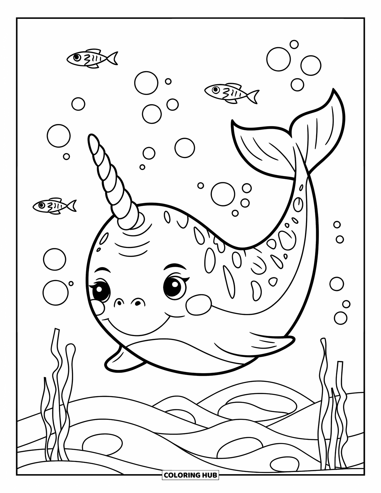 Narwhal Coloring Page for Kids: A smiling narwhal floats above calm waves with seaweed and small fish nearby