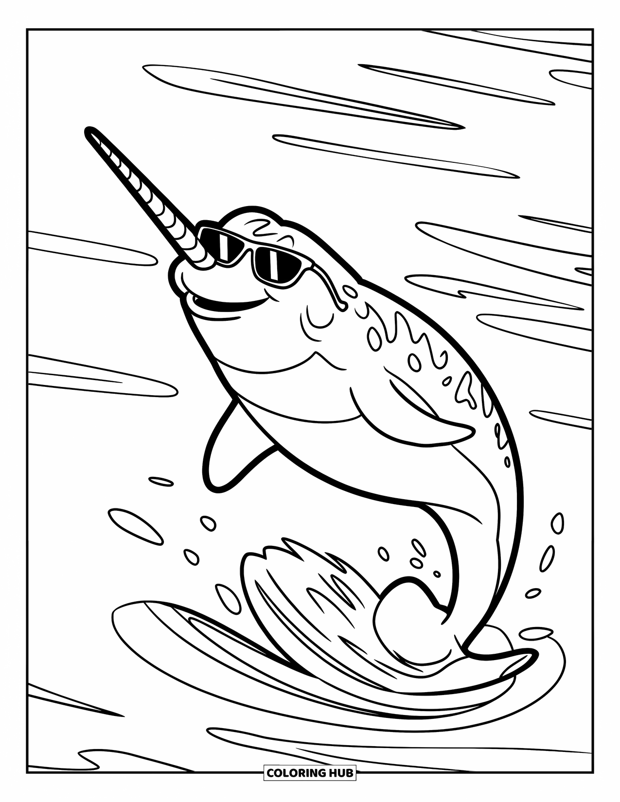 Narwhal Coloring Page for Kids: A sporty narwhal leaps from the water wearing sunglasses and trailing spiral waves