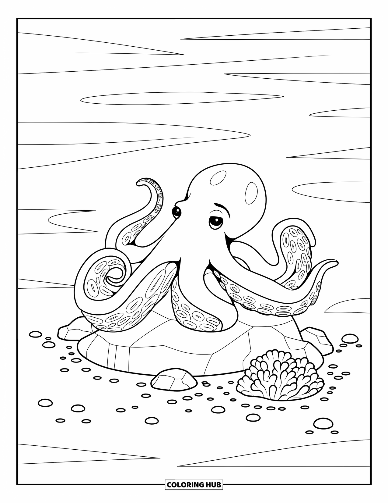Octopus Coloring Page for Adults: A calm octopus wraps around coral in a peaceful underwater setting