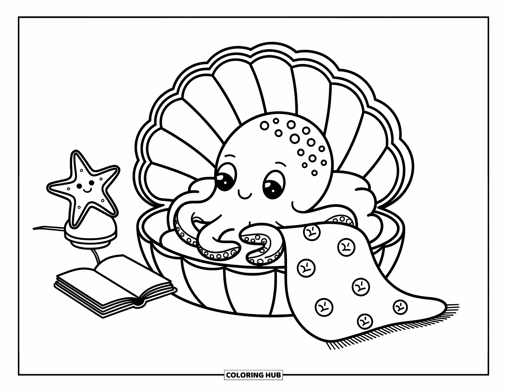 Octopus Coloring Page for Adults: A cuddly octopus reads in bed beside a glowing nightlight and cozy blanket