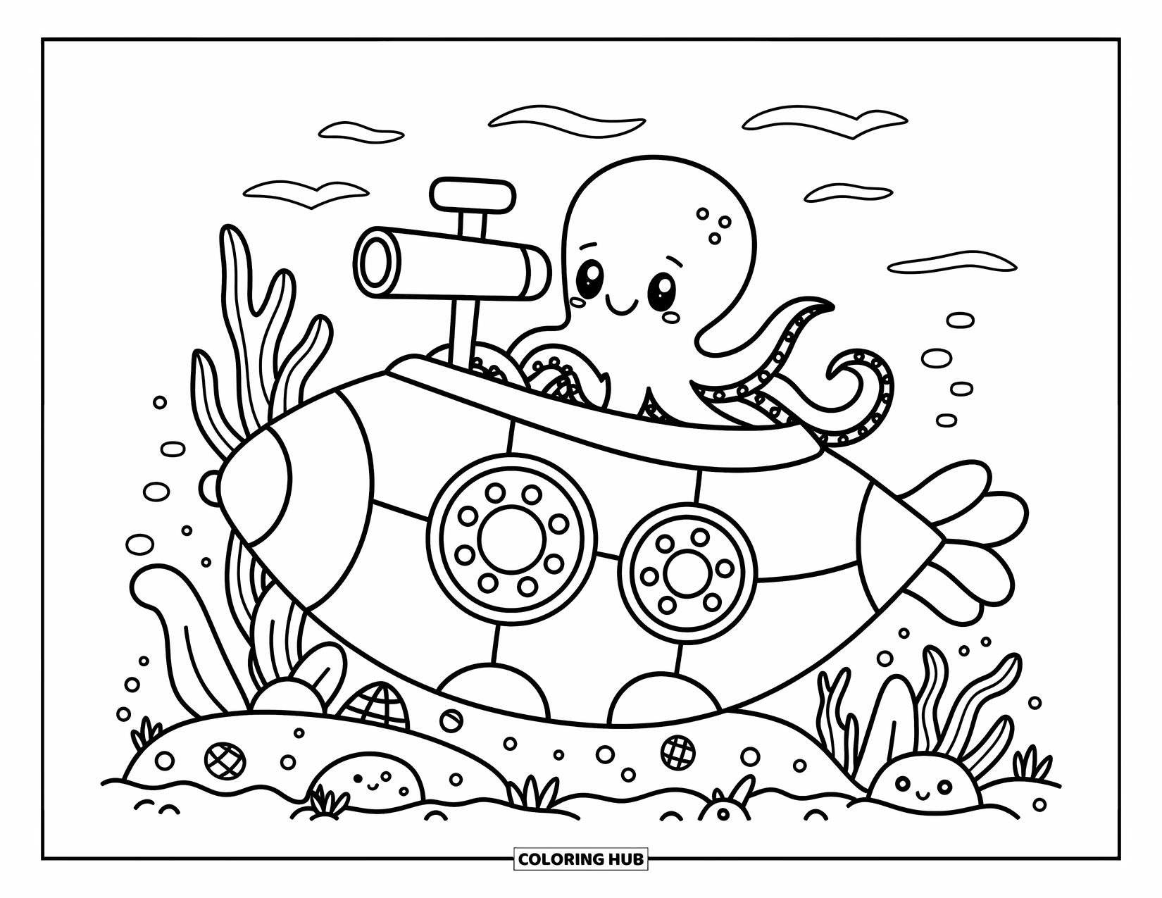 Octopus Coloring Page for Adults: A curious octopus operates a little submarine with sea friends waving outside