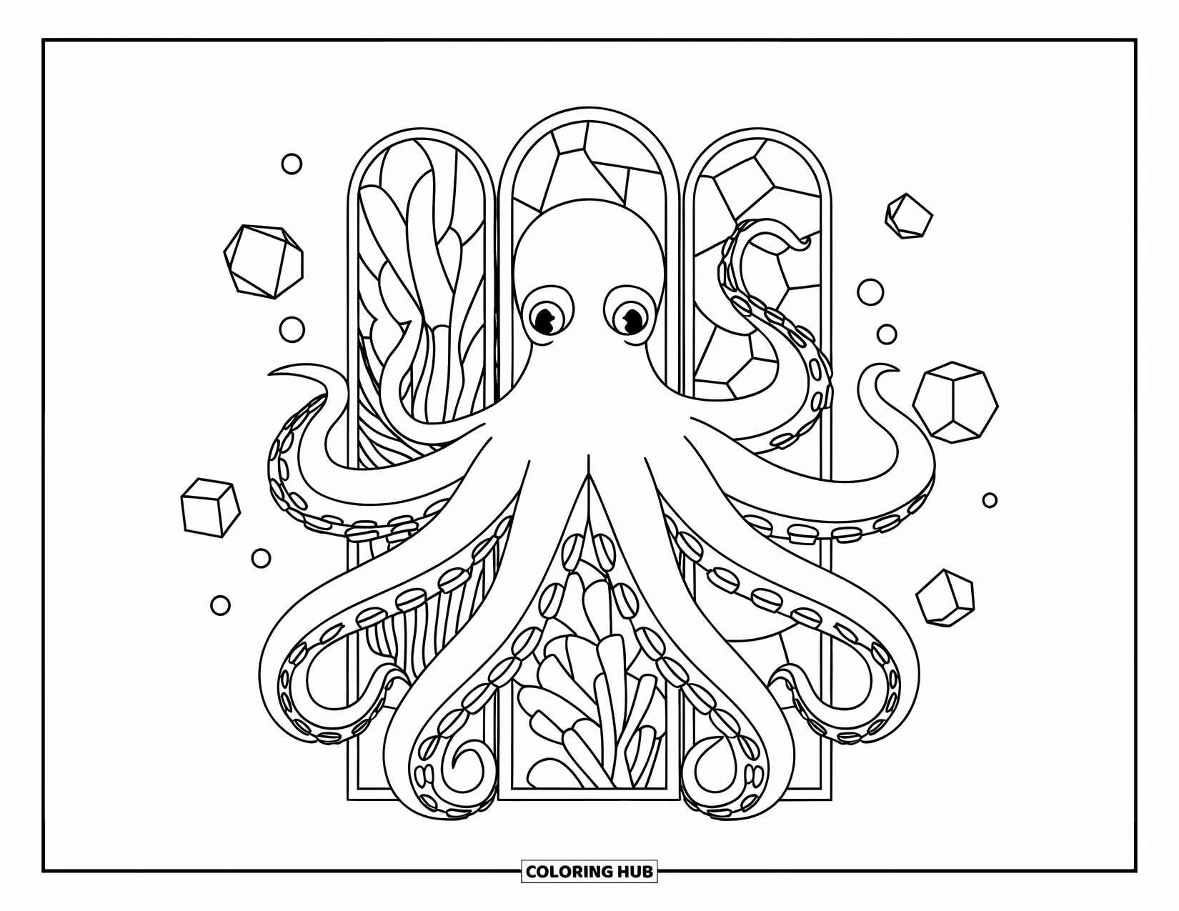 Octopus Coloring Page for Adults: A graceful octopus is surrounded by stained glass coral panels and soft ocean bubbles