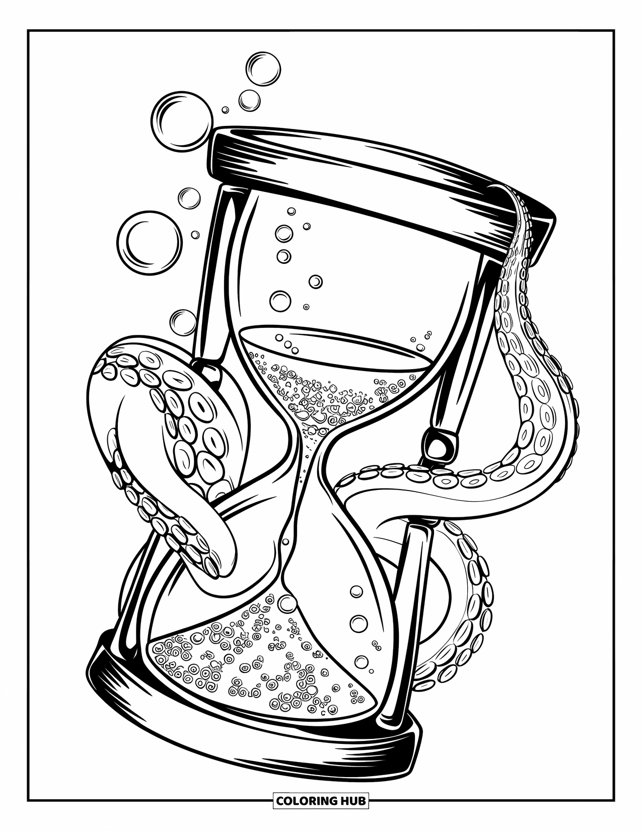 Octopus Coloring Page for Adults: A peaceful octopus clings to a waterlogged hourglass with gentle rising bubbles